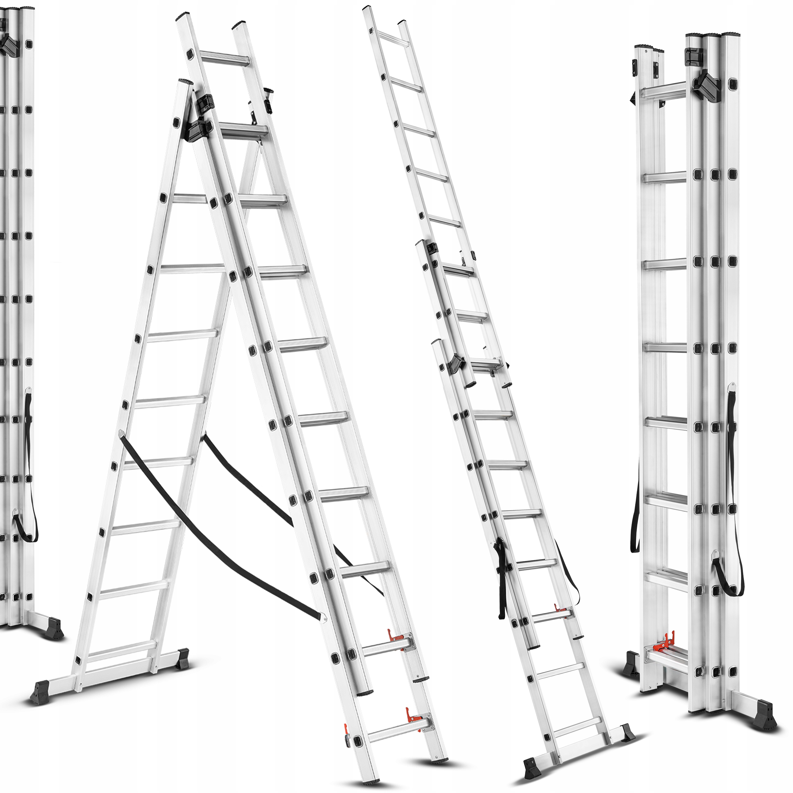 Hliníkový rebrík 3x9 stupňov, multifunkčný, univerzálny, 150 kg, 6,6 m, silný