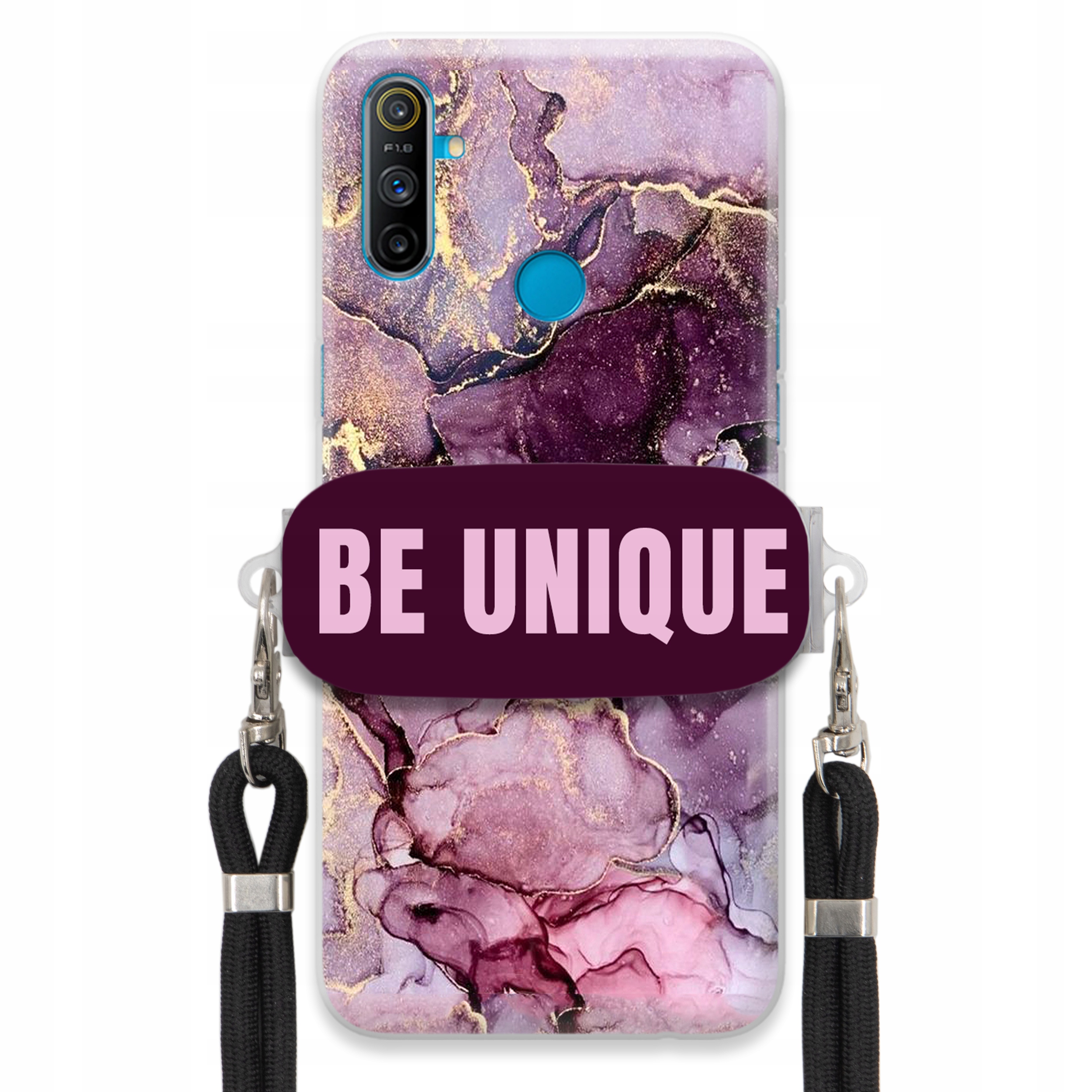 Prémiové puzdro pre Realme C3 Case držiak na šnúrku Čierny fialový mramor