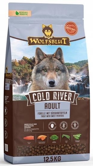 Zdravé krmivo krmivo pro dospělé psy Wolfsblut Pstruh a batáty 12,5 kg