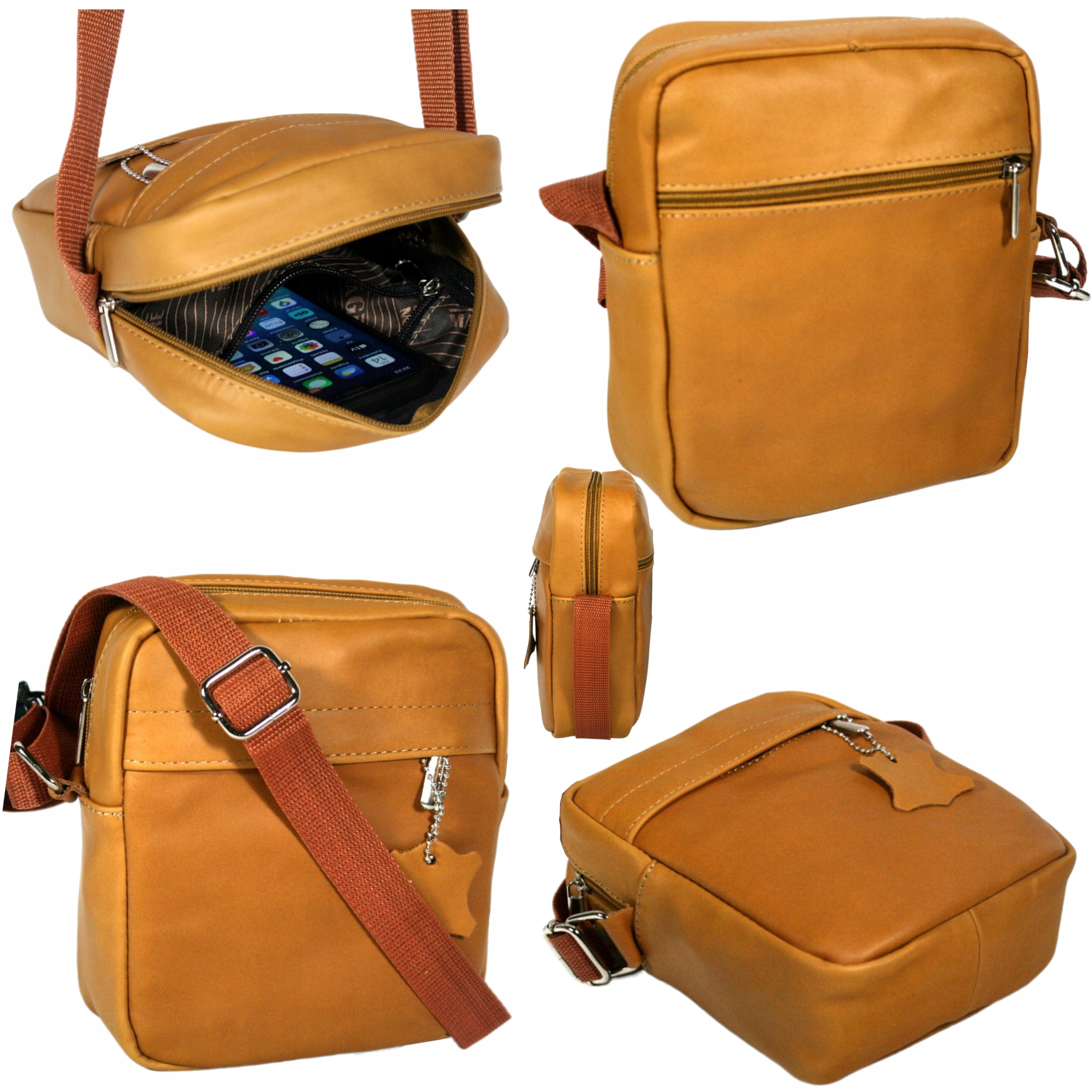 Kožená taška kamelová malá přes rameno s rukojetí kabelka přes rameno polská výroba