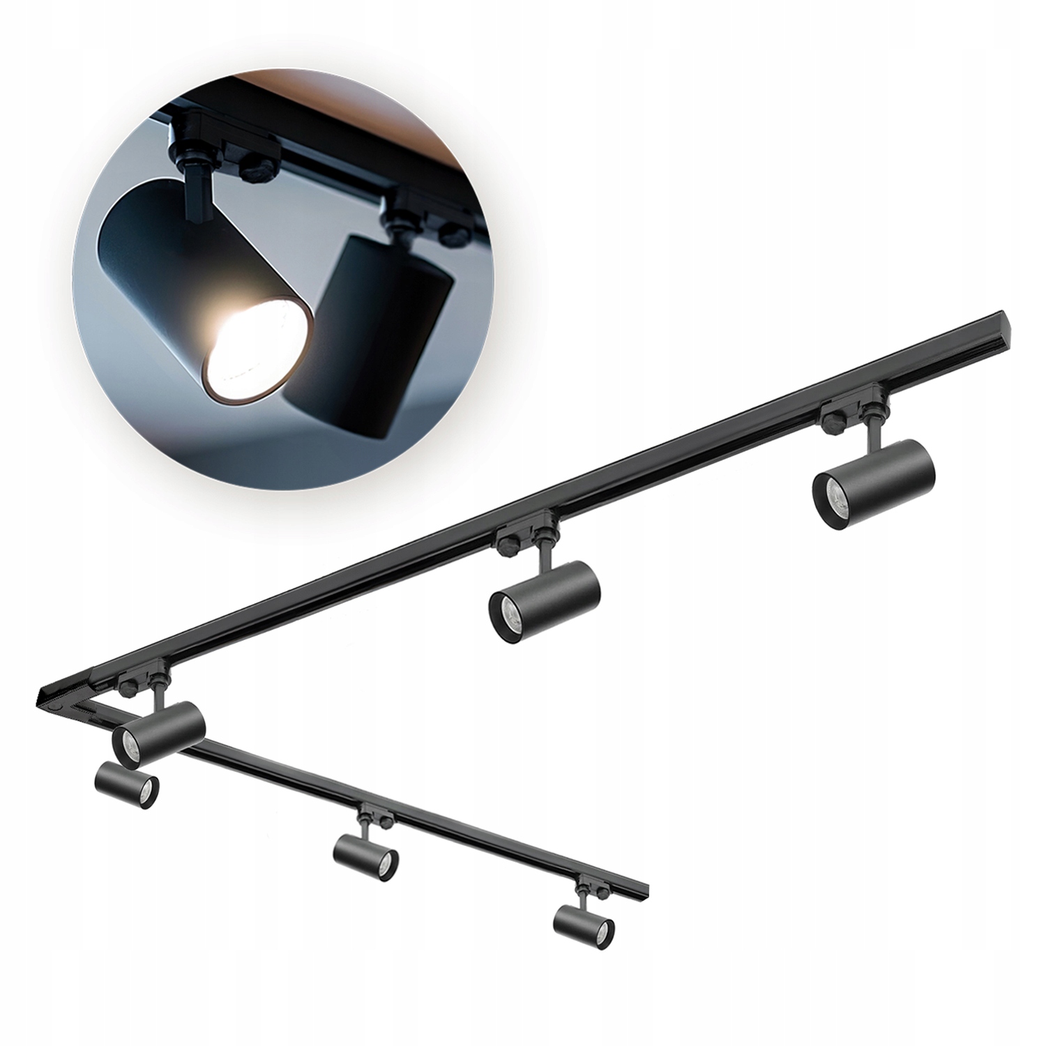 3fázové kolejnicové osvětlení 2 m+2 m, L, pravé, 6 x svítidlo, 2 x krytka Černá