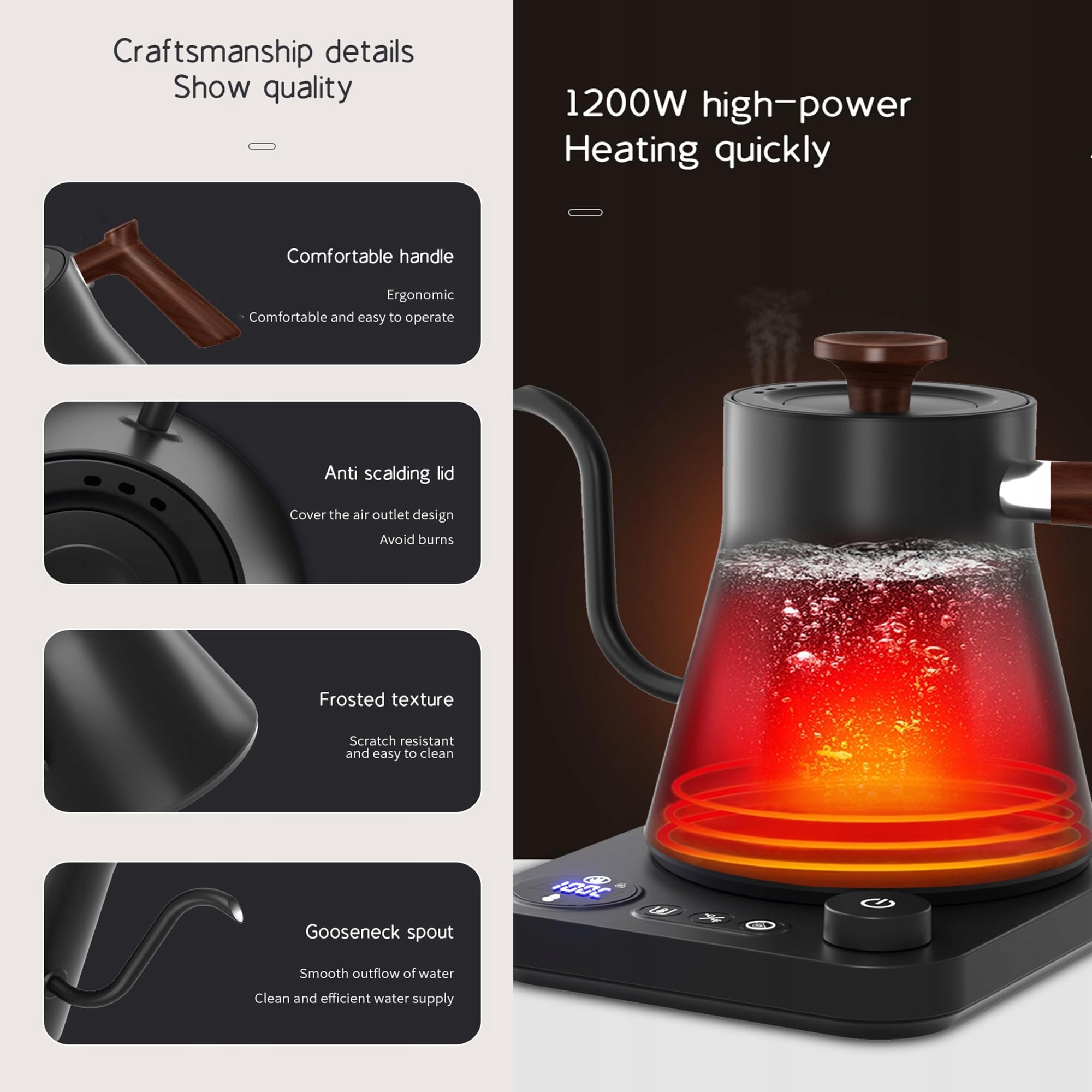 RHD Podgrzewacz Wody Z Regulacją Temperatury Czajnik 1200W 0,9L Czarny — miniatura 5