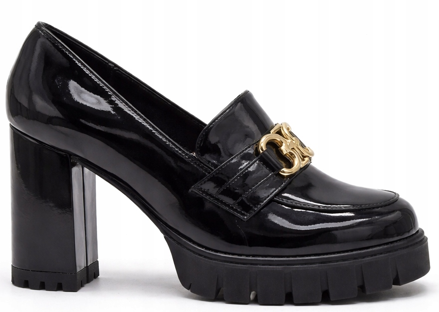 9421 Czarne Damskie Wsuwane Półbuty Mokasyny Lakierowane Na Słupku 39