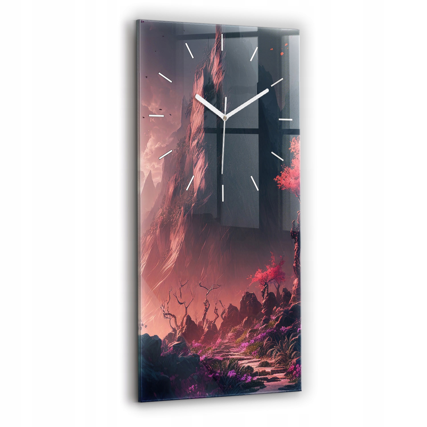 Moderní skleněné hodiny na zeď s motivem Kouzelný les a hory 30x60 cm