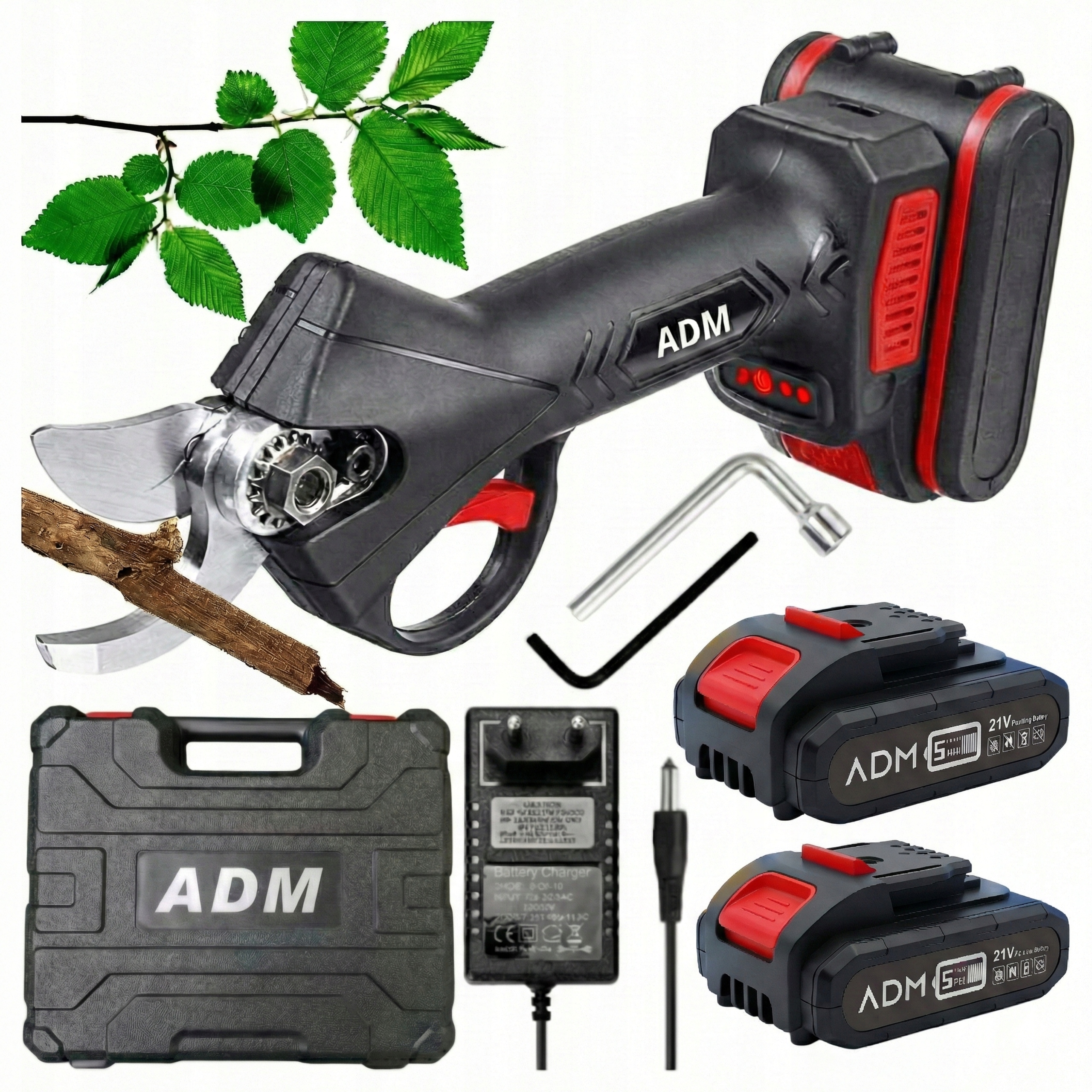 Sekator elektryczny Adm 21V 2 akumulatory bezprzewodowy do gałęzi 30 mm