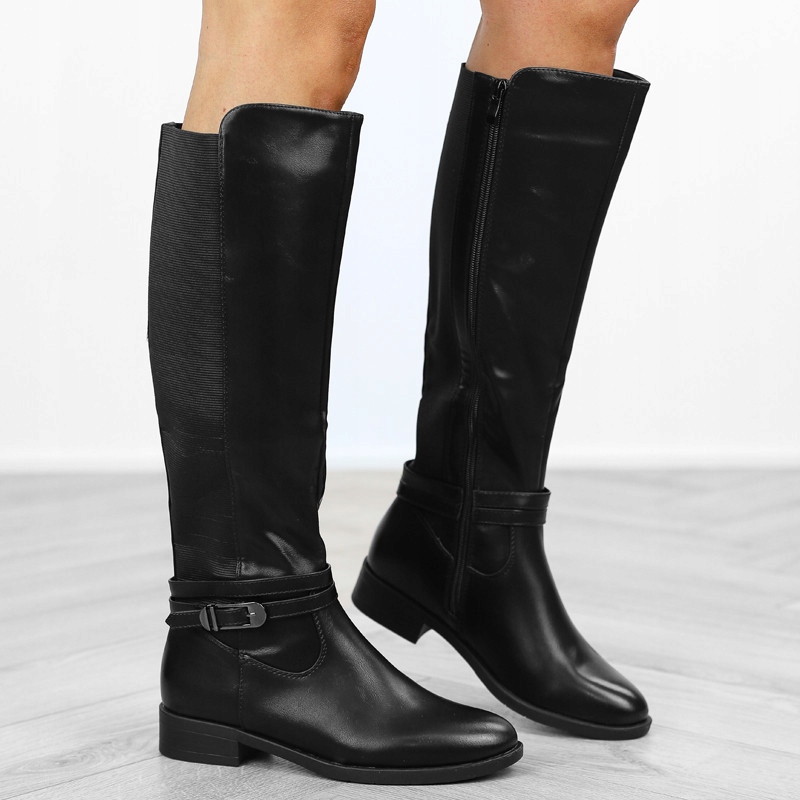 Černé dámské klasické ploché kozačky kozačky před kolenem