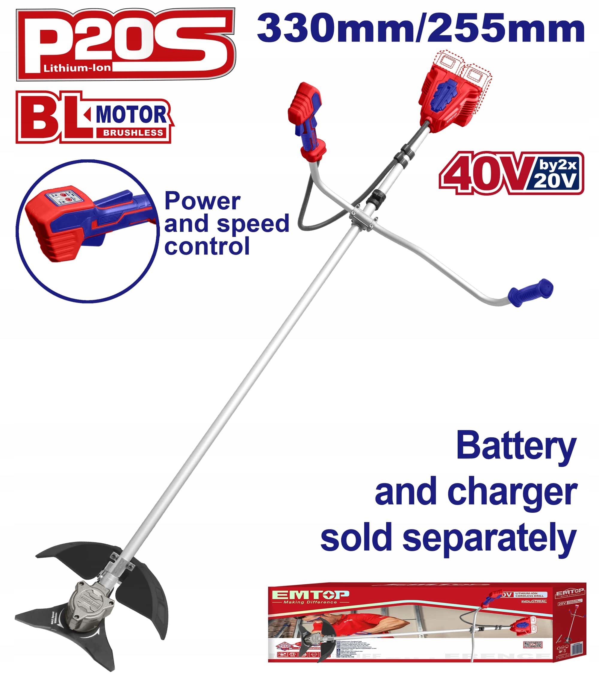 Emtop Akumulátorová kosačka 40V (20V+20V) P20S Emtop (body, kartón) ELMR20018