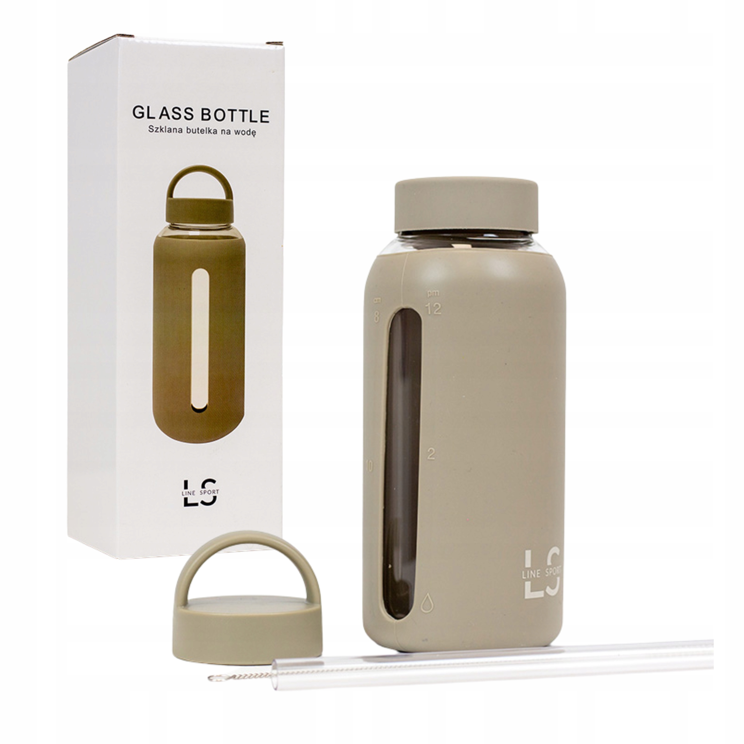 Butelka na Wodę Szklana Line Sport Dwie Zatyczki w Zestawie 800 ml Oliwkowa