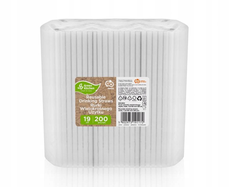 SŁOMKI PLASTIKOWE WIELOKROTNEGO UŻYTKU - 7.5 cm x 190mm - 200 SZTUK GODAN Kolor dominujący biały