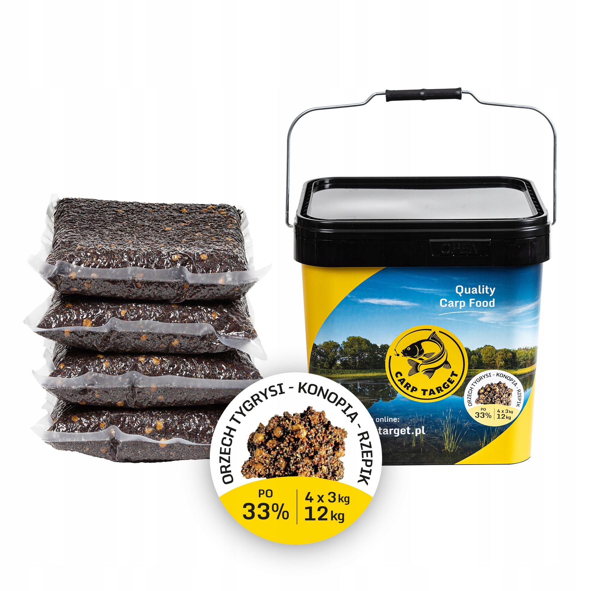 Tygří ořech Konopí Řepík MIX zrn Návnada 12 kg (4x3 kg) Kbelík 17 l