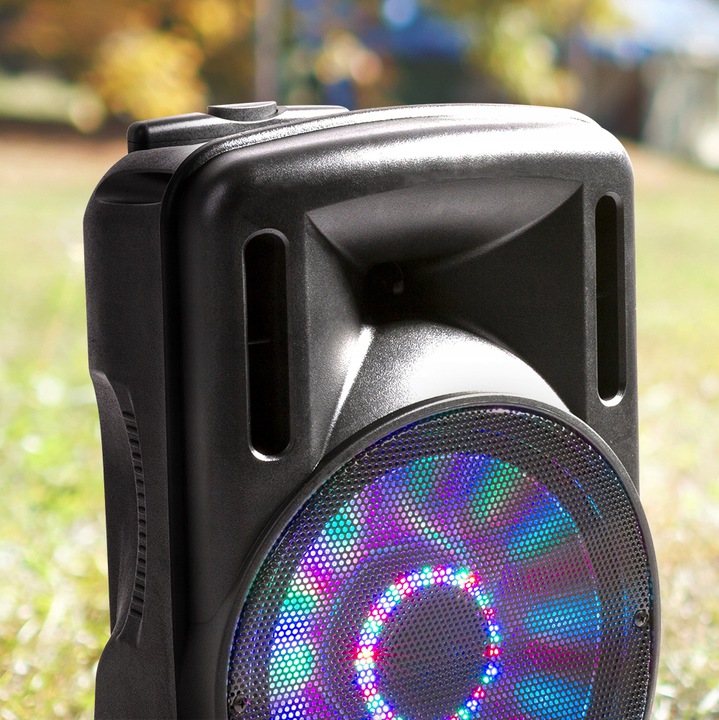 Mobilna KOLUMNA aktywna 12'' 700W mikrofon pilot akumulator Cechy dodatkowe Bluetooth Kółka Przewodowy i Bezprzewodowy Wbudowany wyświetlacz