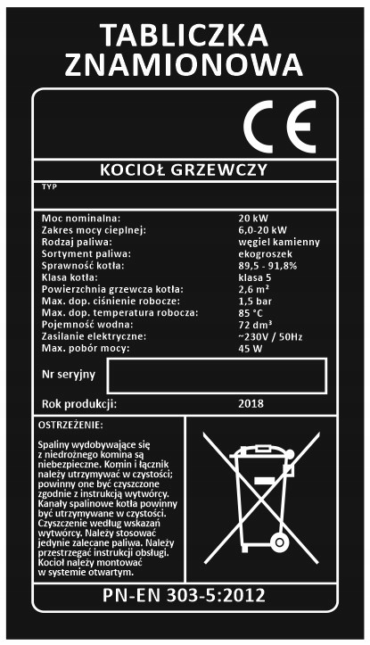Defro tabliczka znamionowa na piec C.o. kocioł grzewczy Stalmark Inne