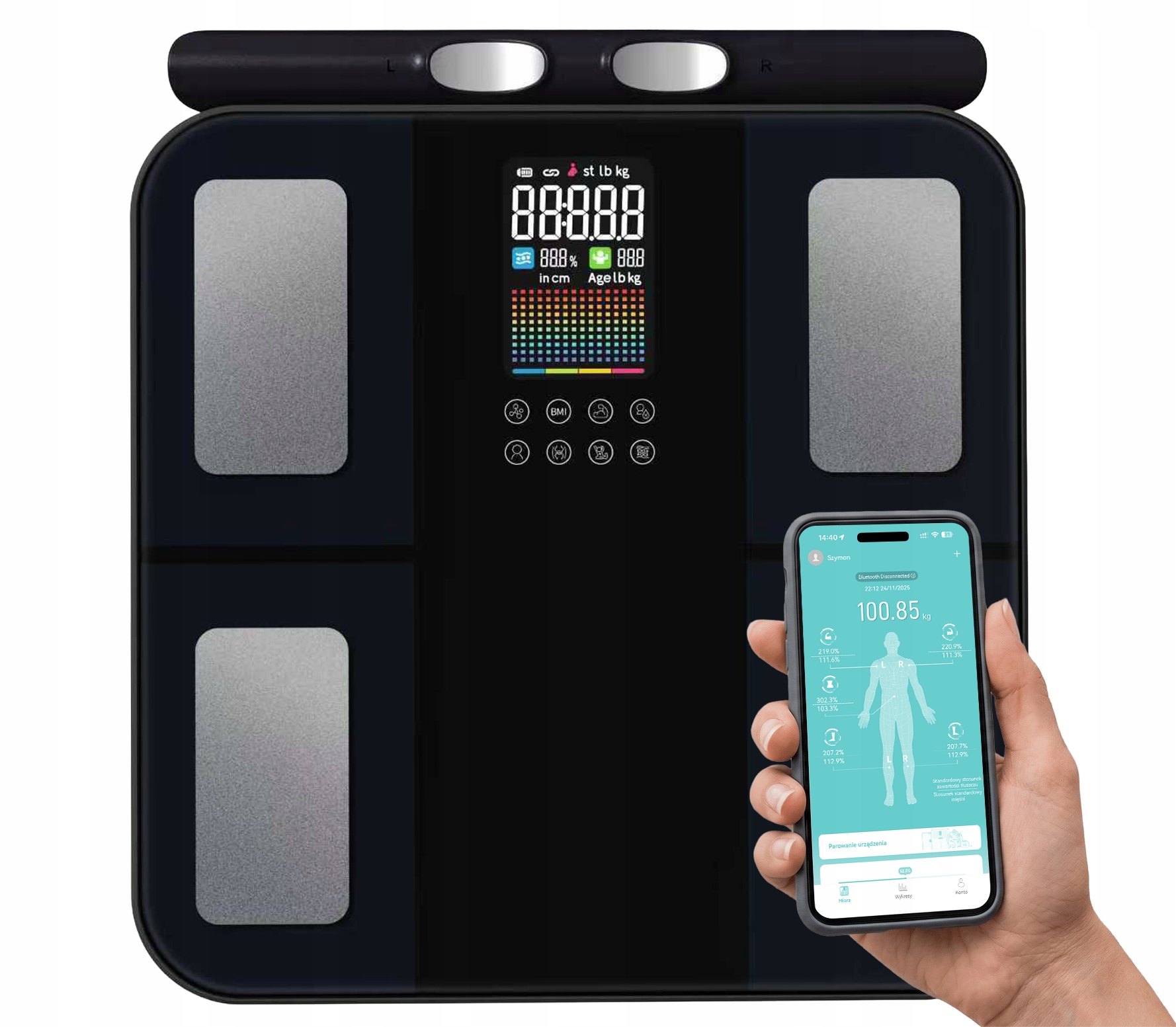 Łazienkowa Waga Analityczna 8 Elektrod Bia Pomiar Składu Ciała App Bt 180kg