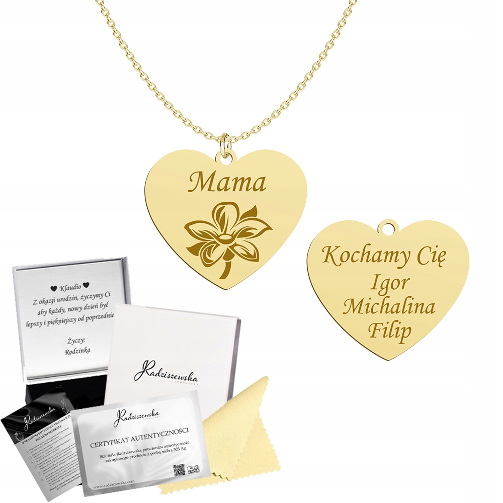 Zlatý náhrdelník Srdce Jméno dítěte Dárek pro maminku 925 Gravírování Bonus