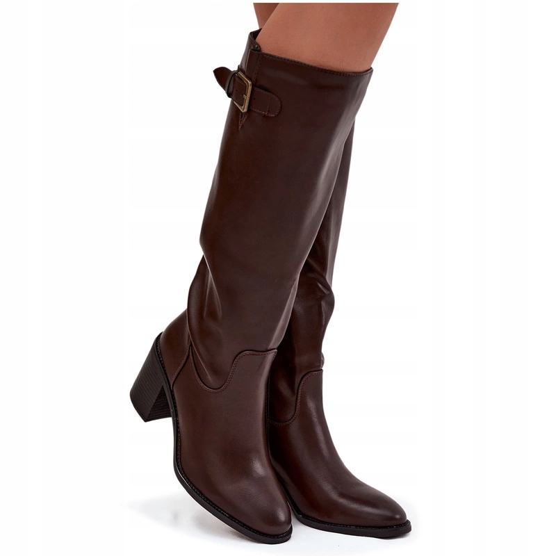 Dámské Kozačky Eko Kožené Podpatek Sloupek Spona Zateplené Zip Hnědé 37