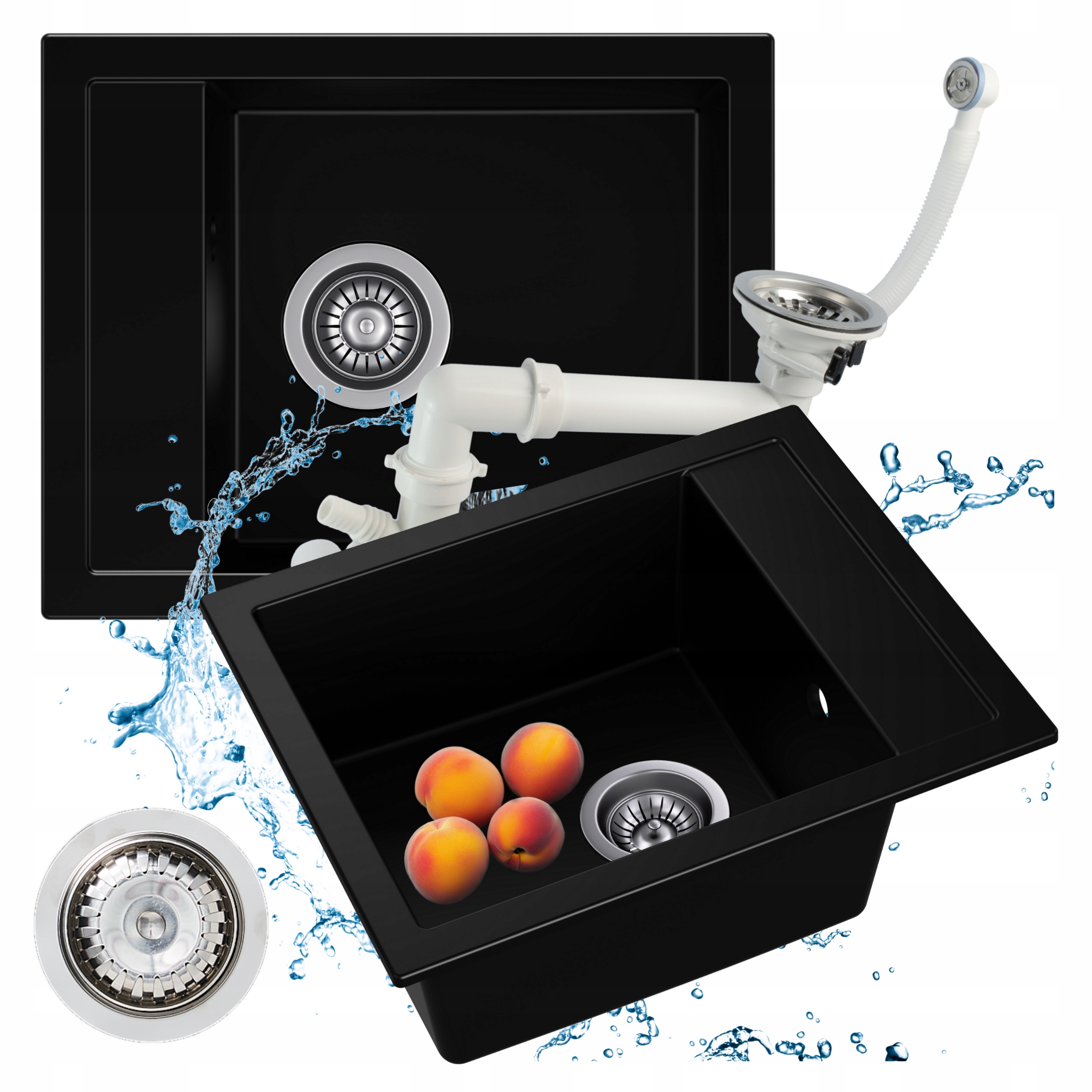 Jednokomorový Granitový Dřez, hluboký, černý, Pro Skříňku 40 3 Otvory