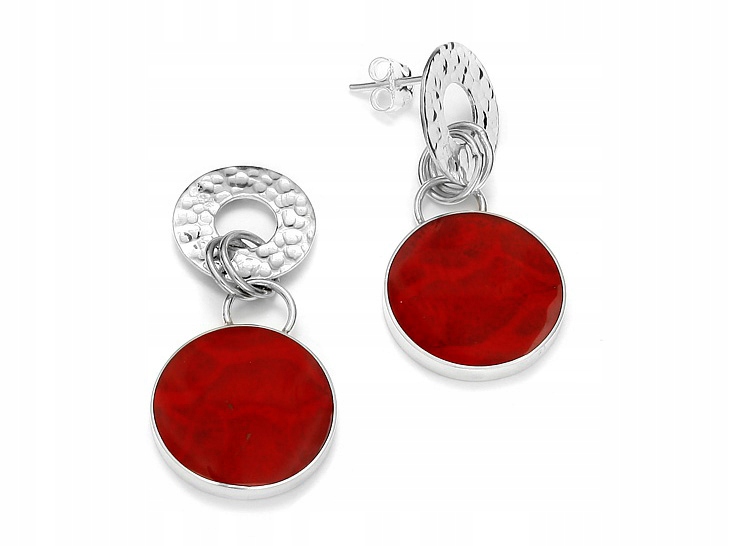 Stříbrné Náušnice Závěsná červená kolečka s korálem Velká kolečka Stříbro 925