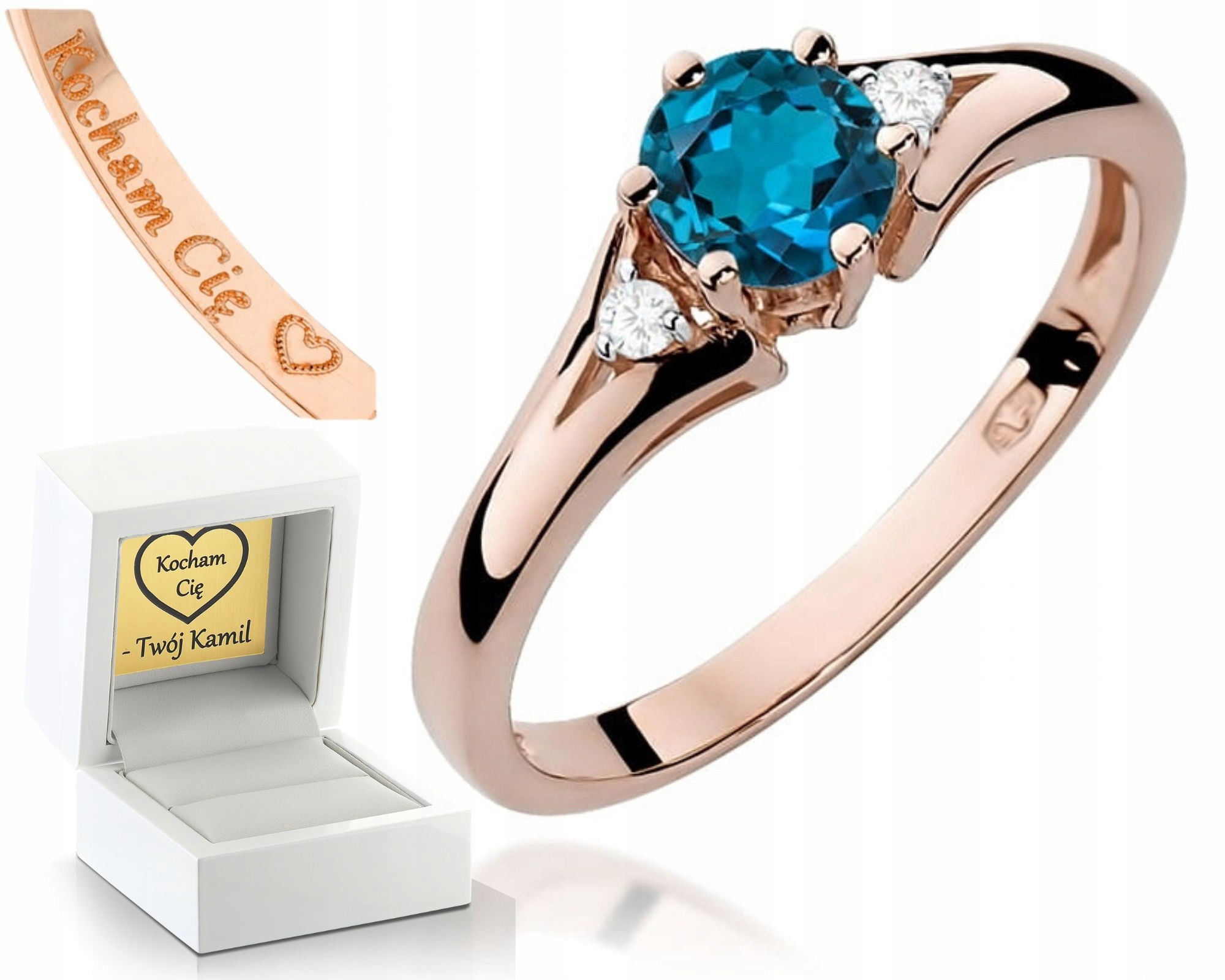 Růžové Zlato Prstýnek Topaz London Blue Brilianty 585 Gravírování