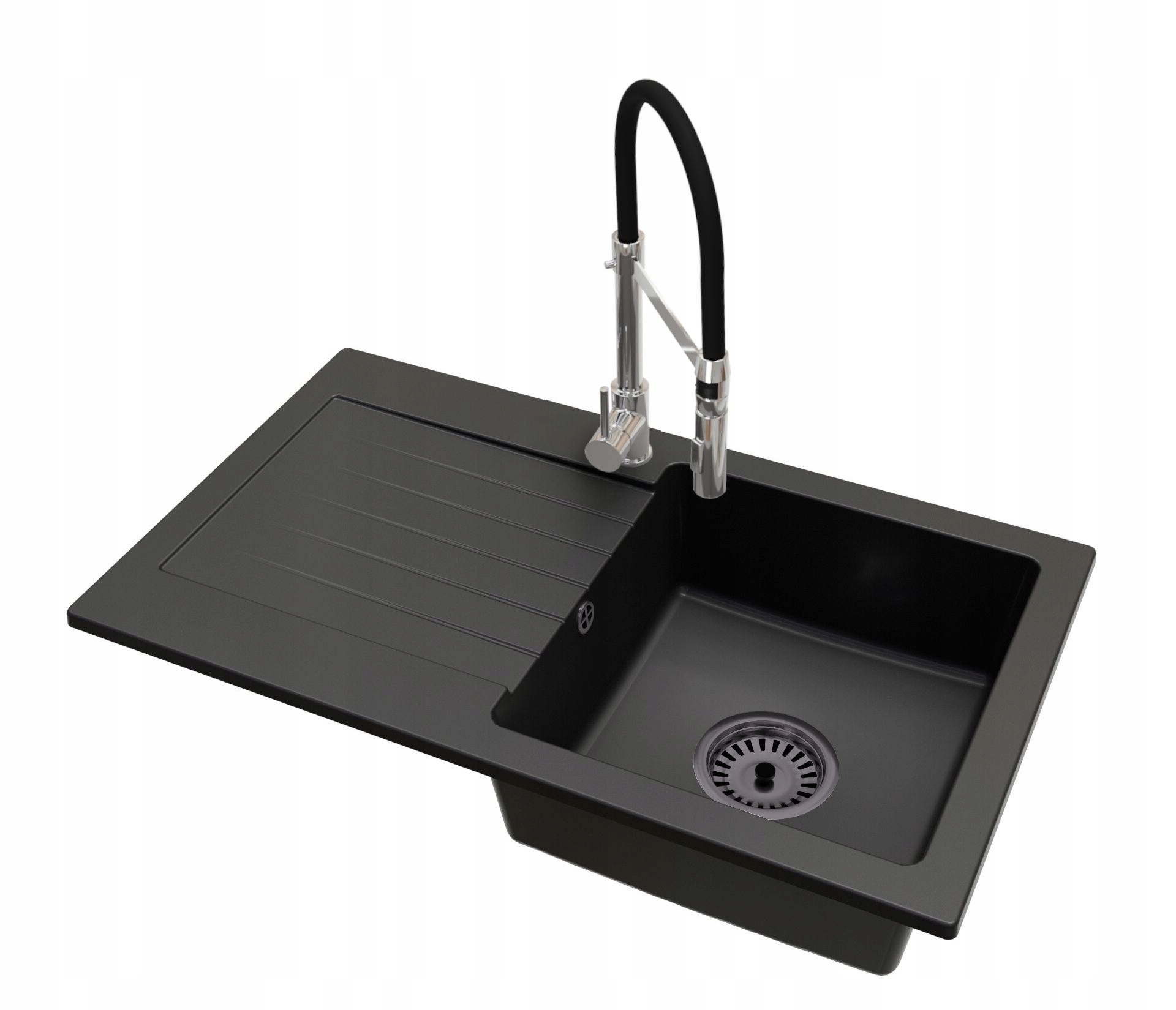 Kuchyňský dřez Jednokomorový Leon Sifon Černý Baterie Spiral Chrom