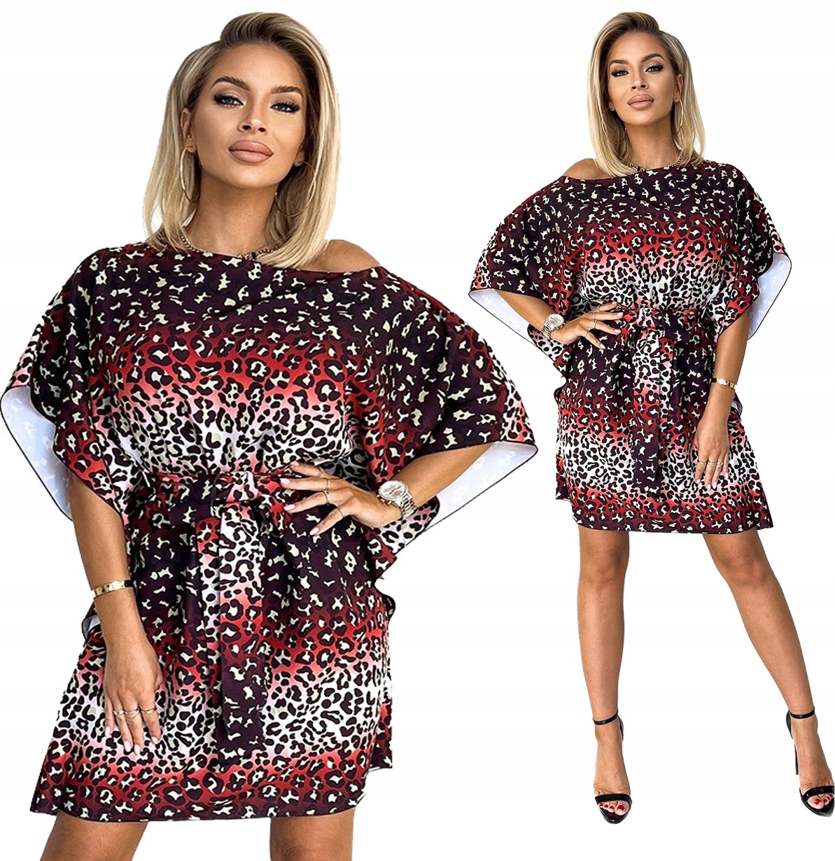 Šaty Motýl S Páskem Asymetrické Zvířecí Rukávy Potisk 2XL/3XL