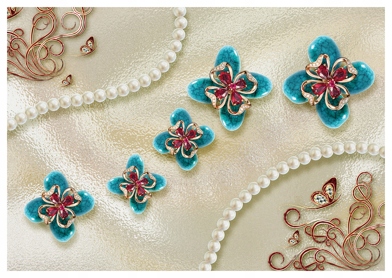 Fototapeta flizelina Luxus Květiny Perly Tyrkys Zlato a Rubín 254x184 lepidlo