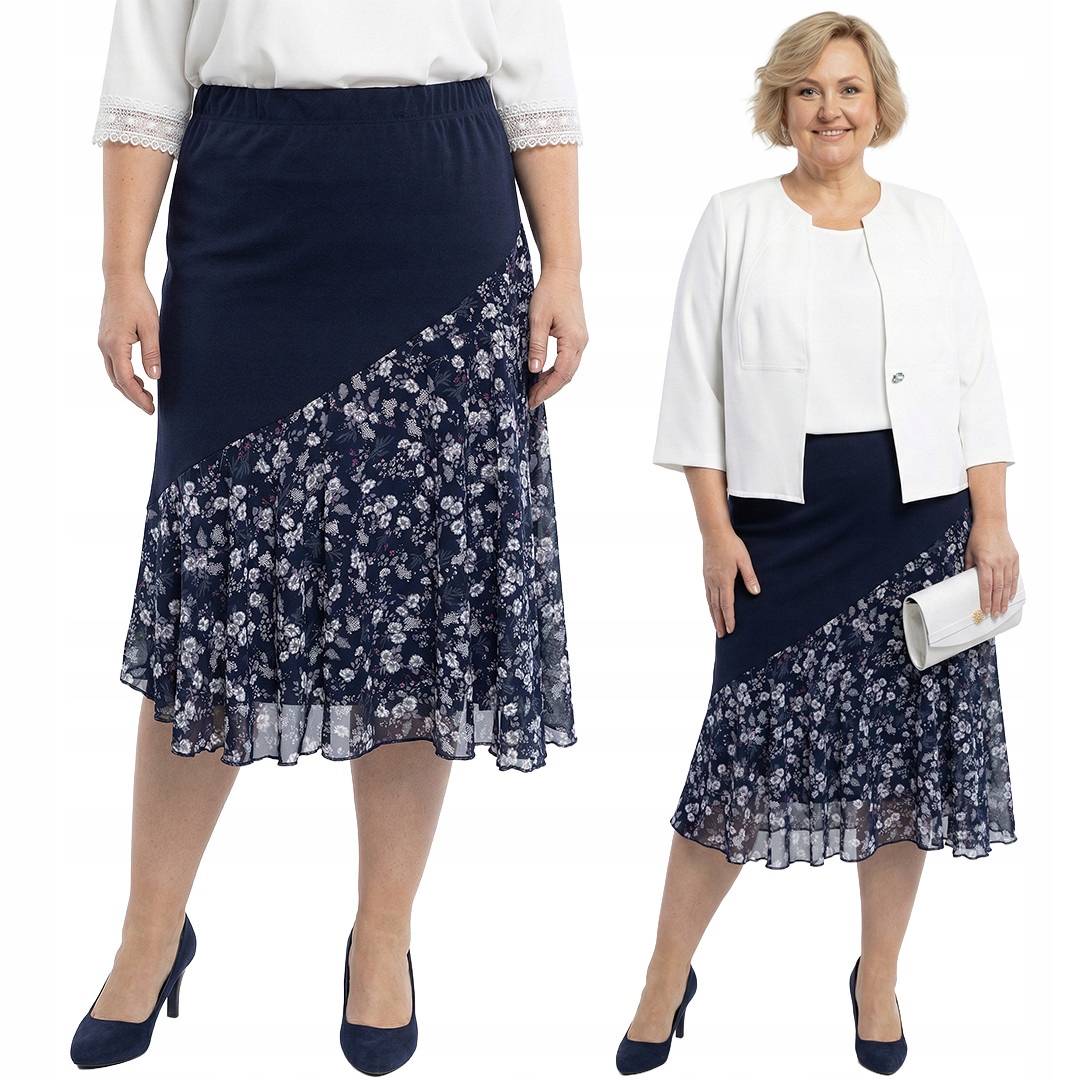 Tmavě modrá sukně s šedými květy a velikostí velikost 52/54