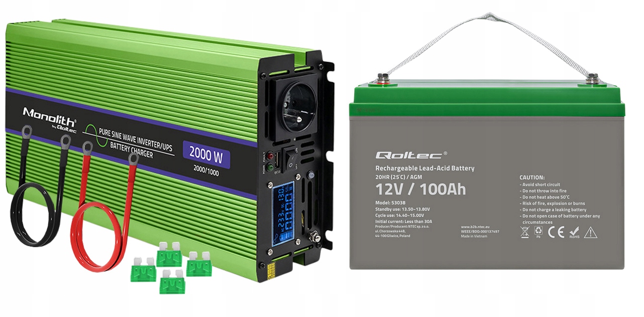 PRZETWORNICA NAPIĘCIA QOLTEC 12V-230V Z FUNKCJĄ UPS 1000/2000W SINUS 100AH