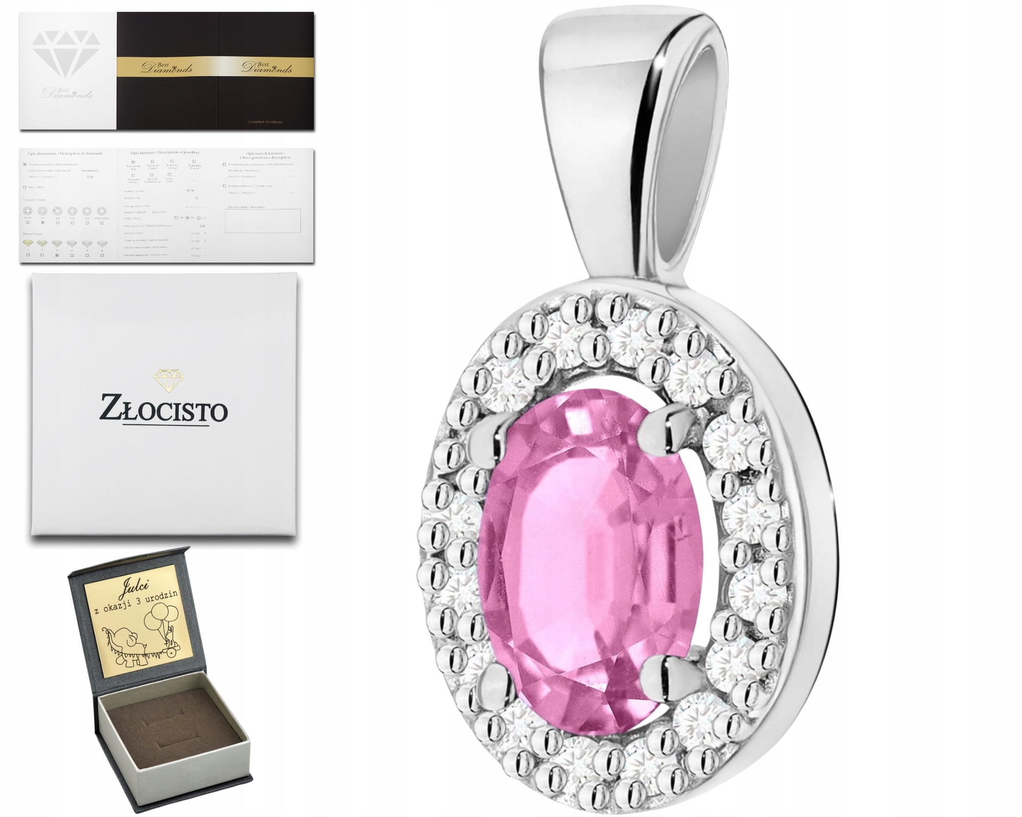 Bílé Zlato Přívěsek S Růžovým Safírem A Diamanty Zlato 585 Dárek