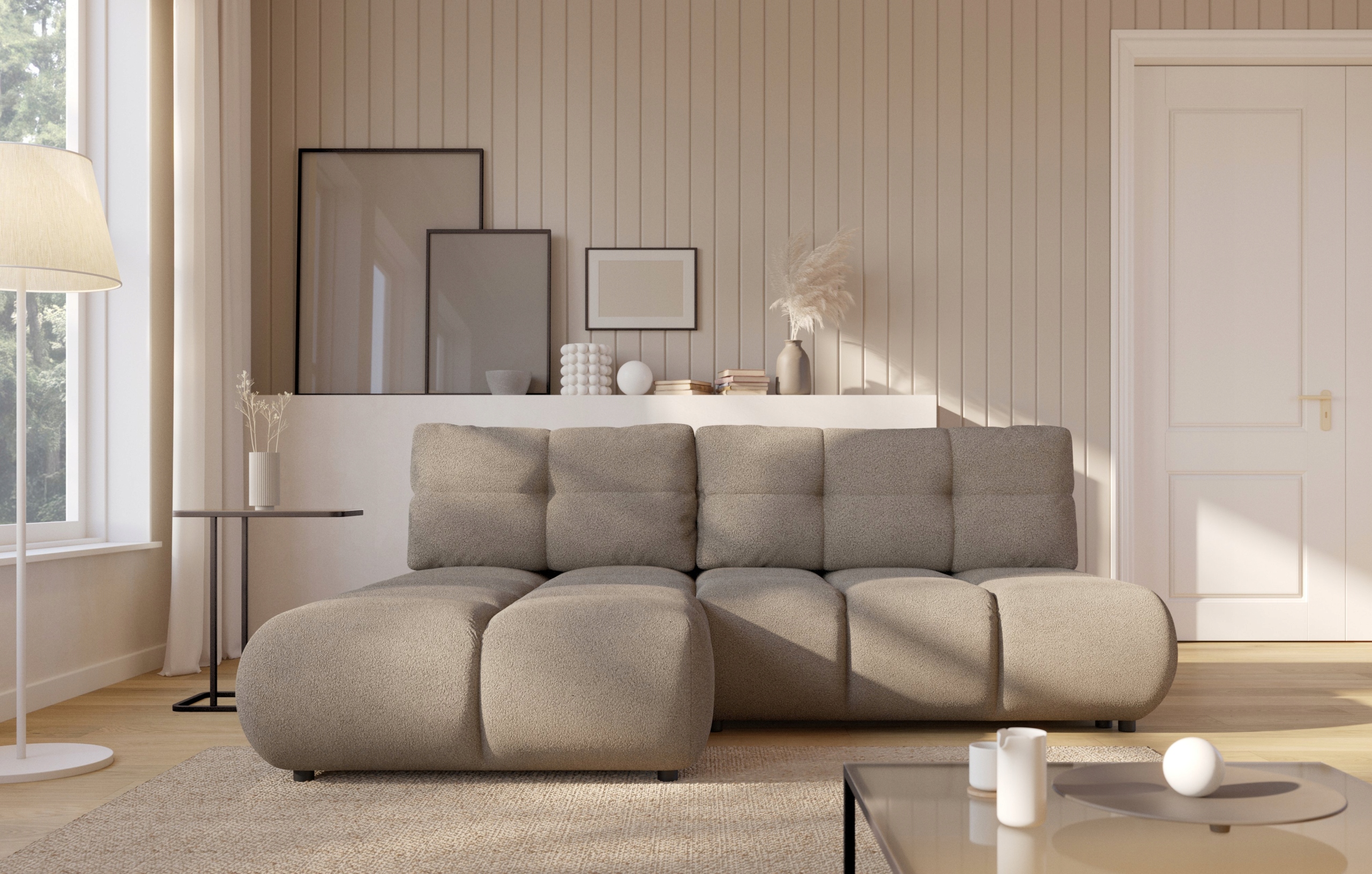 Rohová Sedací Souprava Corso Funkce Spaní Moderní Boucle Beránek Šedá