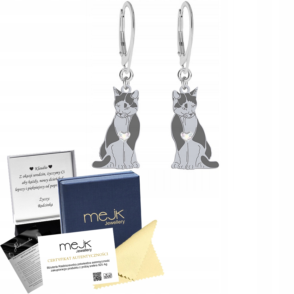Stříbrné Náušnice Domácí kočka Tuxedo 925 Dárek Žena Bigiel Gravírování Bonus