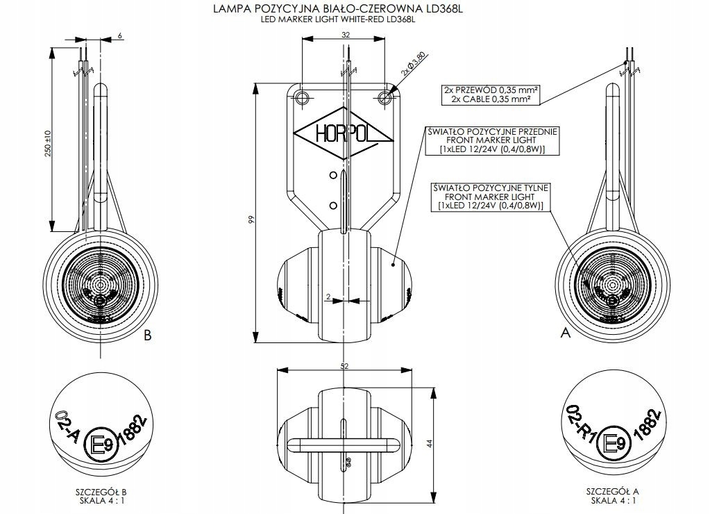 Lampa LED obrys. przed-tyl wisząca LEWA (LD368/L) Producent części Horpol