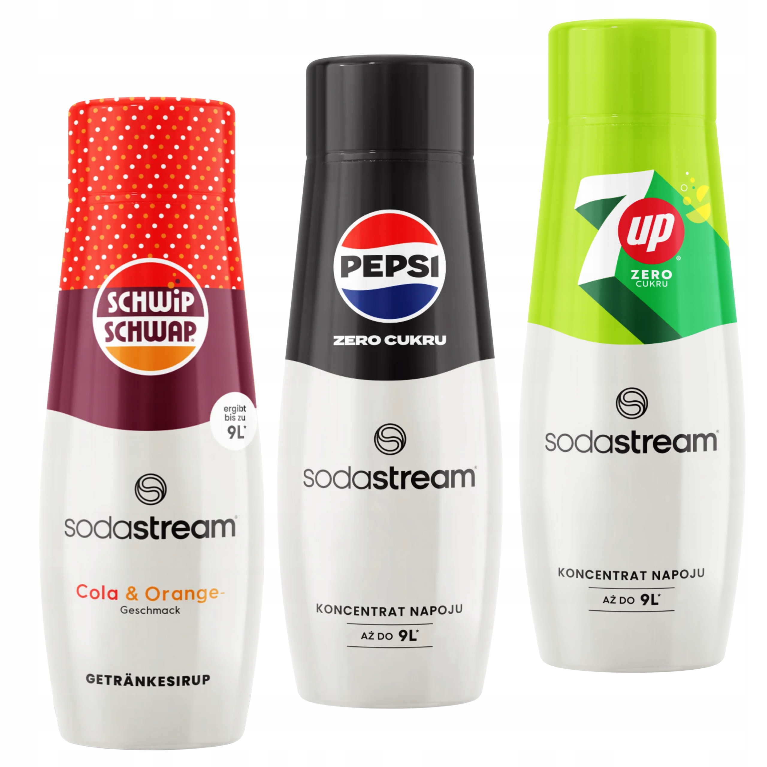 Levně 3 sirupy, koncentráty Sodastream. SchwipSchwap Cola PepsMax 7up Free