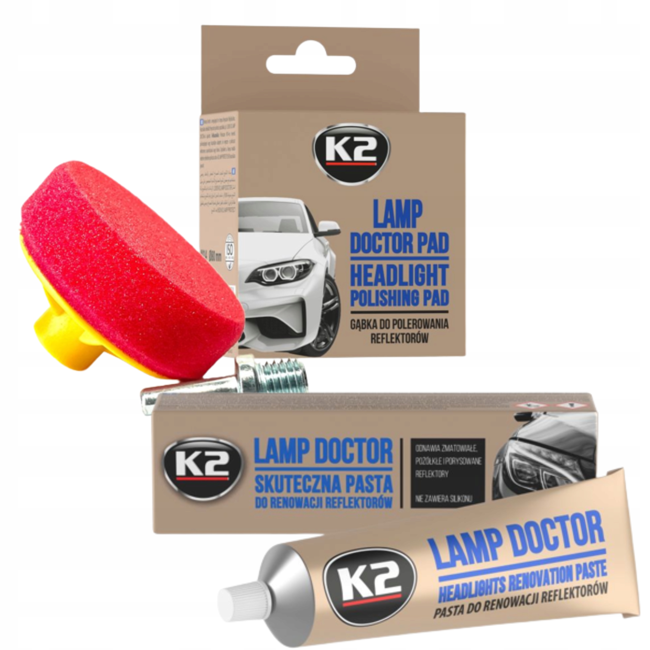 K2 ZESTAW DO POLEROWANIA REGENERACJI LAMP REFLEKTORÓW PASTA PAD DYSK M14