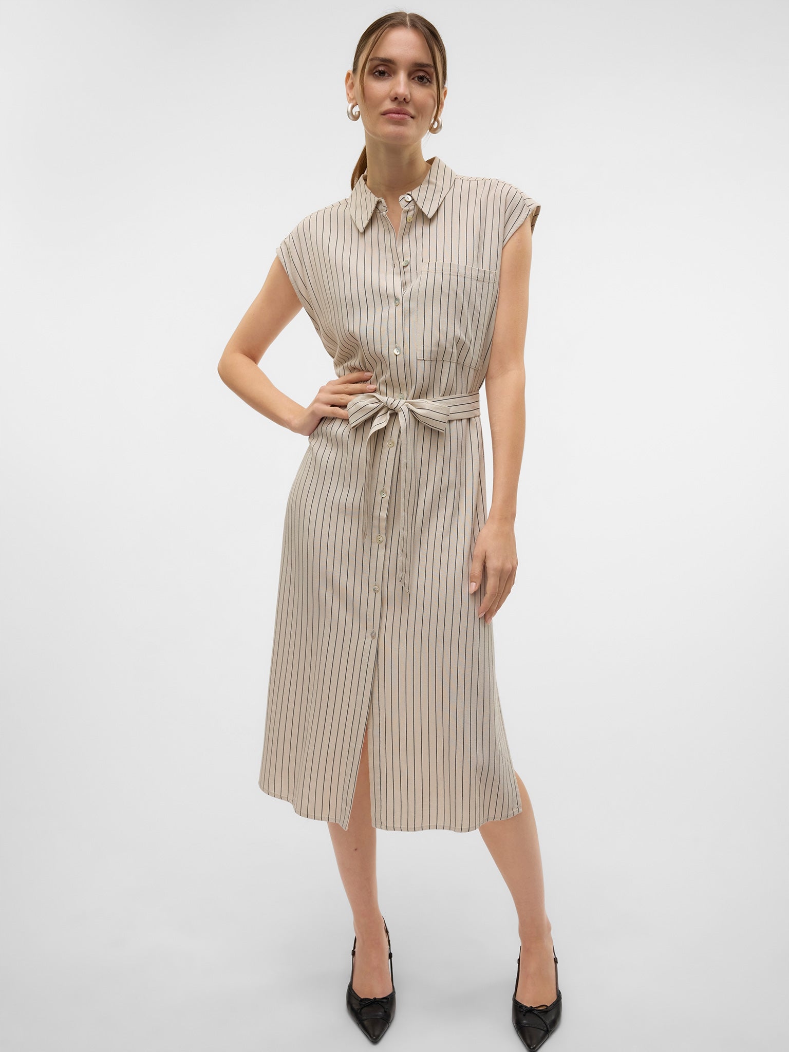 Vero Moda Šaty MIDI Na Knoflíky S Lnem, Béžová, Pruhovaná, Velikost 7AA