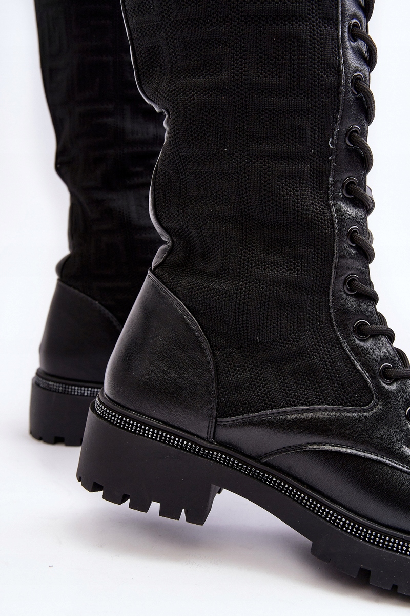 KOZAKI DAMSKIE Z ELASTYCZNĄ CHOLEWKĄ SZNUROWANE PRZED KOLANO CZARNE 37 Kolor dodatkowy czarny