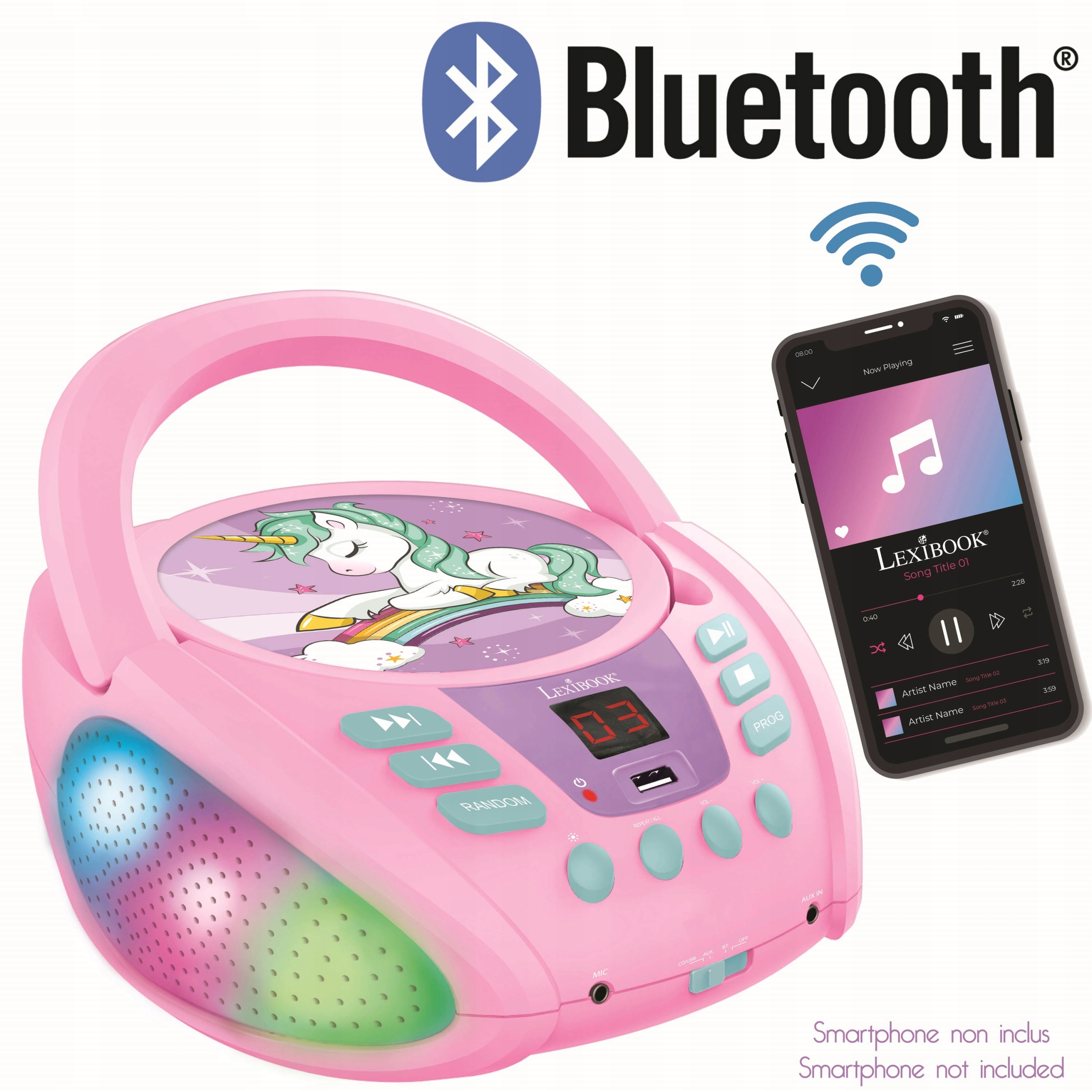 Unicorn odtwarzacz boombox Bluetooth-CD LED USB Marka Lexibook