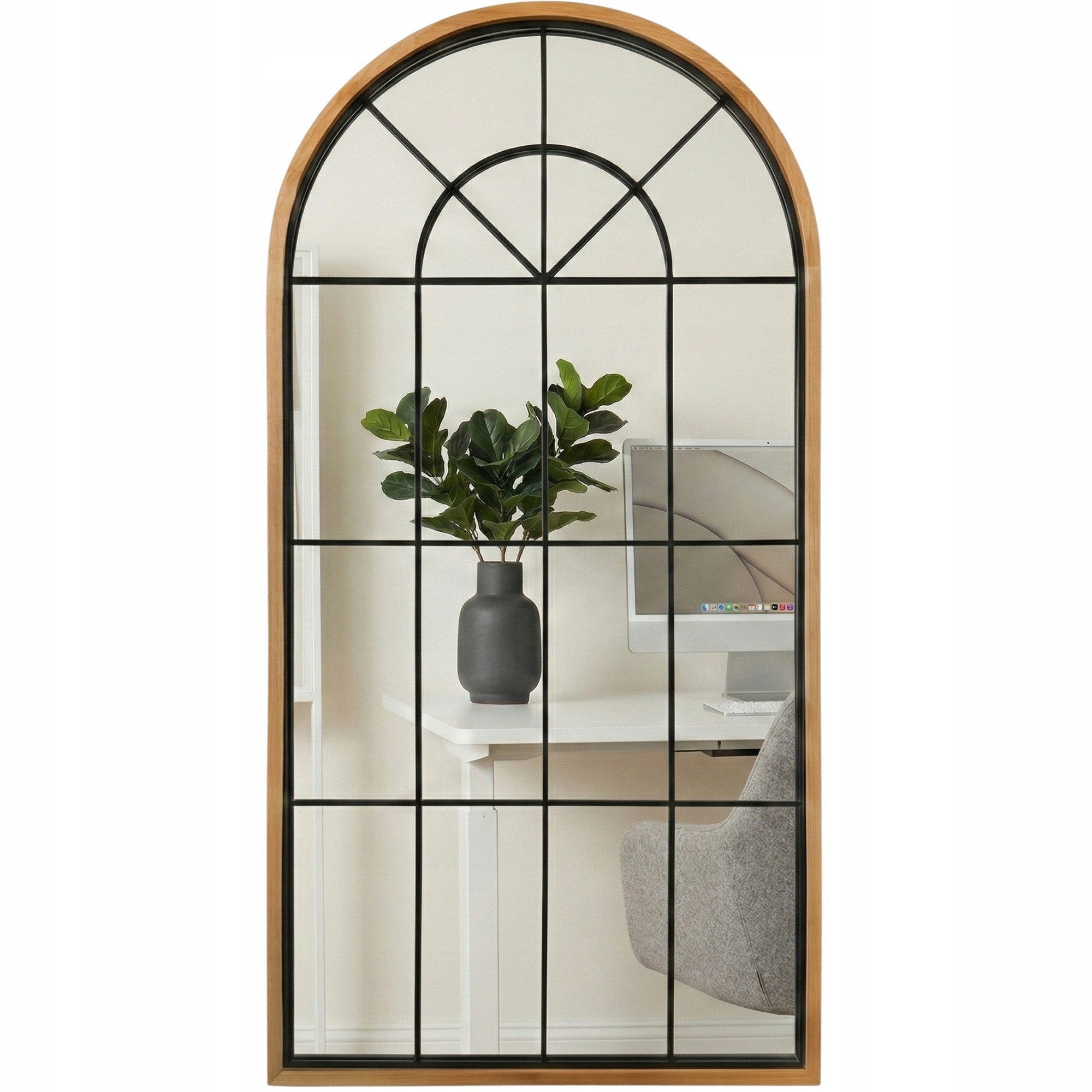 Zrcadlo Závěsné Okenní 110X56 CM Rám Mdf Hnědá Černá Mřížka Sklo