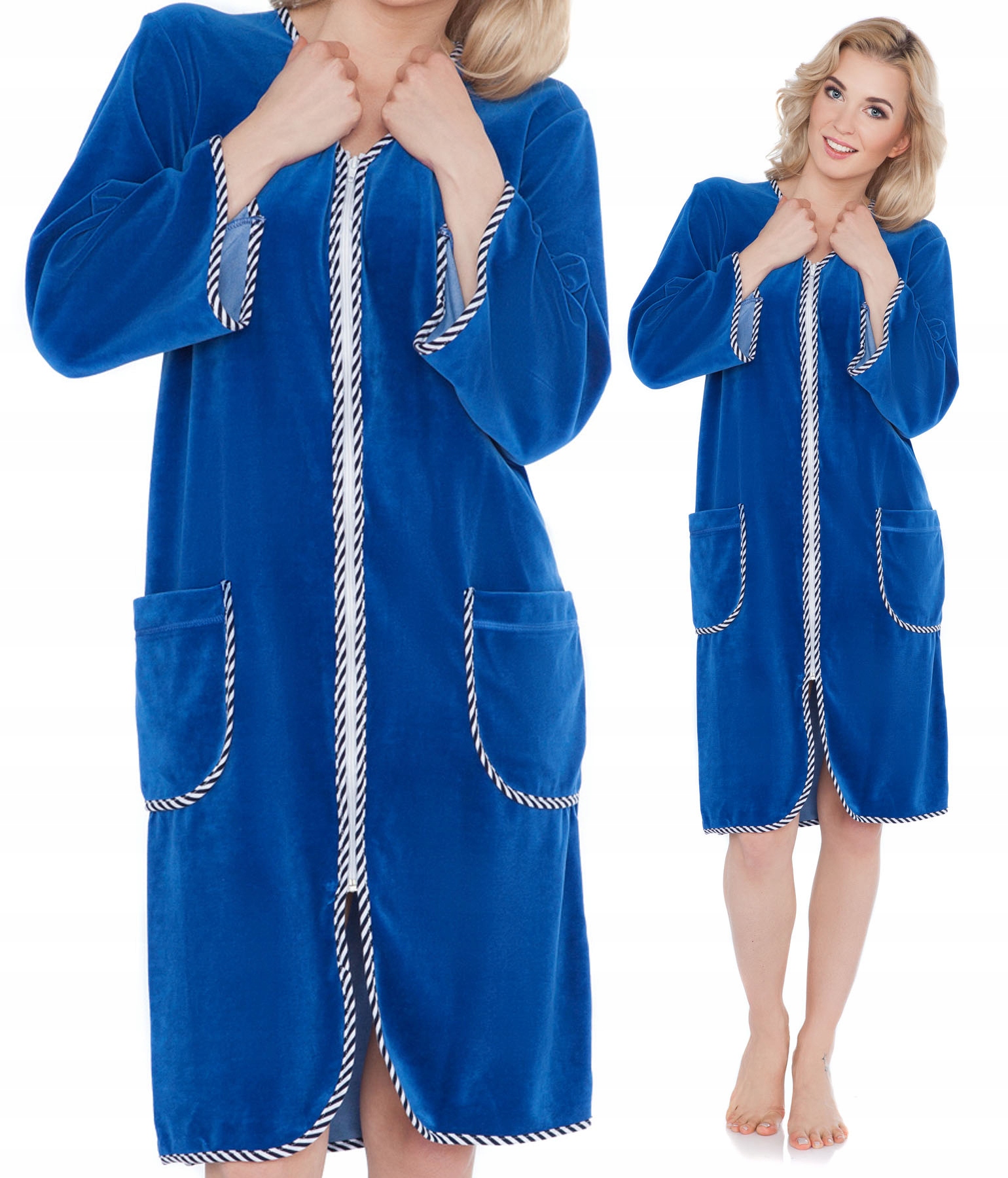 Elegantní velurový župan s 3/4 rukávem a lemováním pro ženy