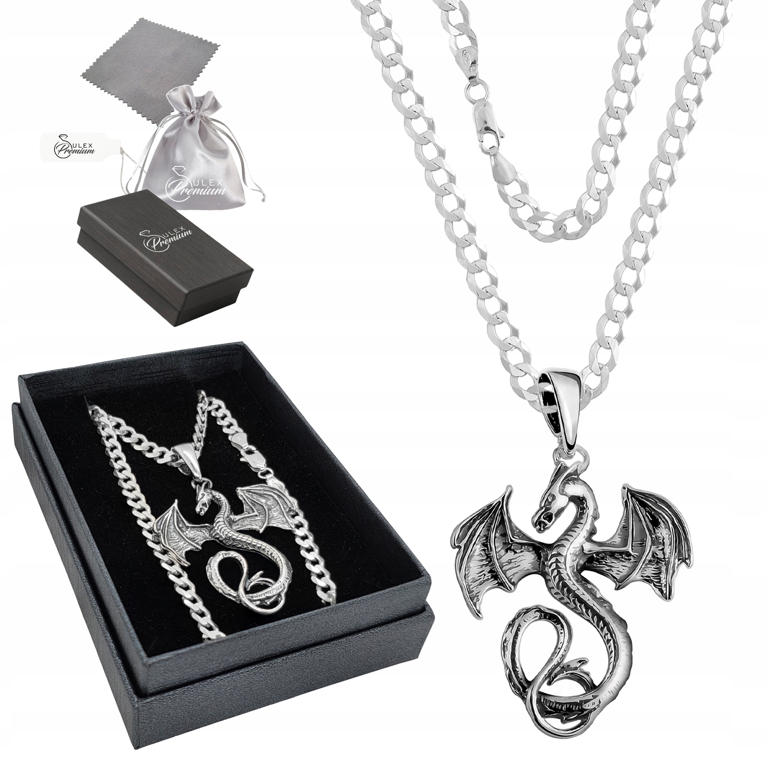 Stříbrný drak ryzosti 925 Velký pánský náhrdelník s přívěskem Řetízek Pancr 50 cm