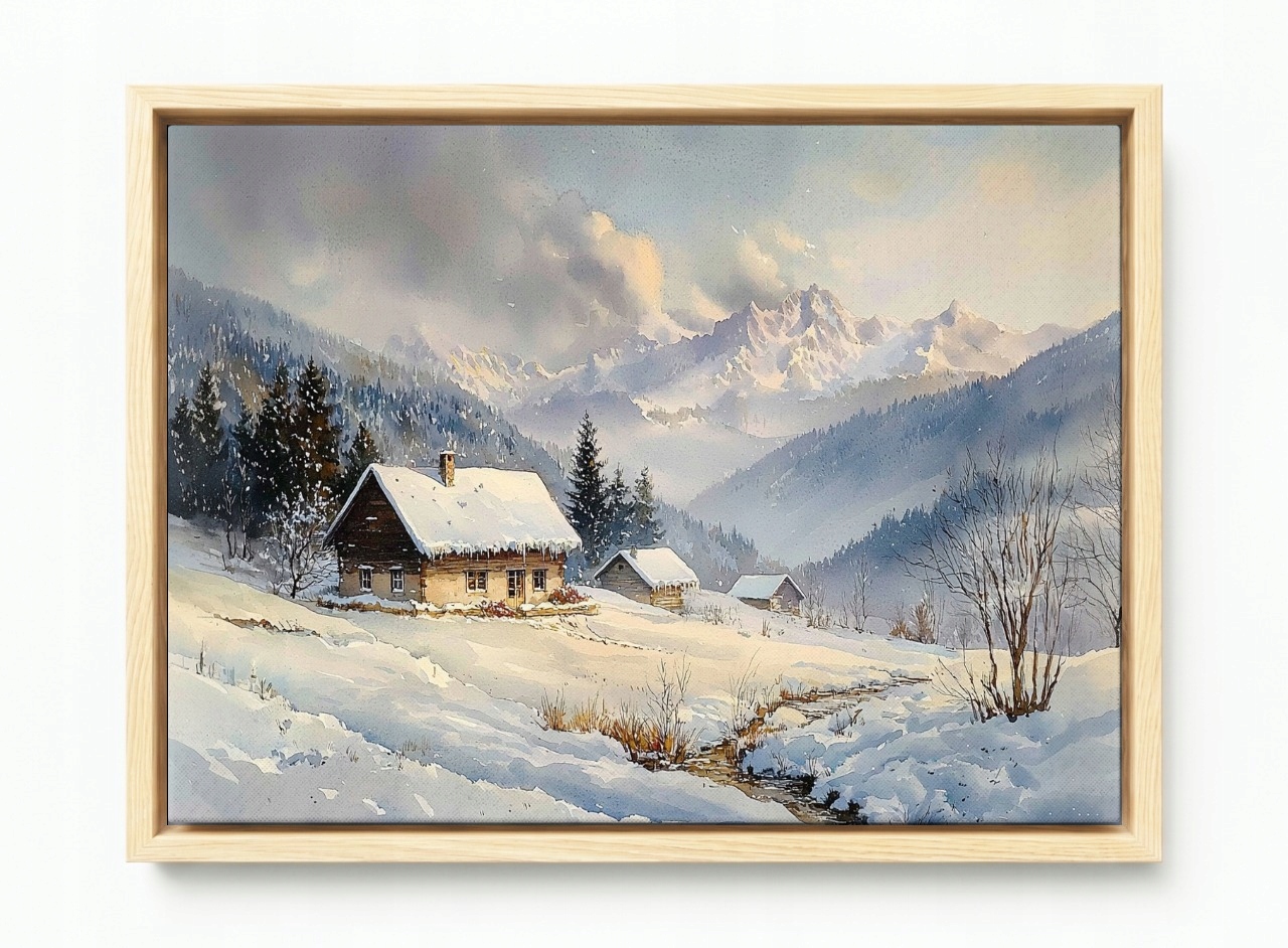 Obraz Rám Americký Box Krajina Hory Vrcholy Domky Zima Sníh Mlha 60x40