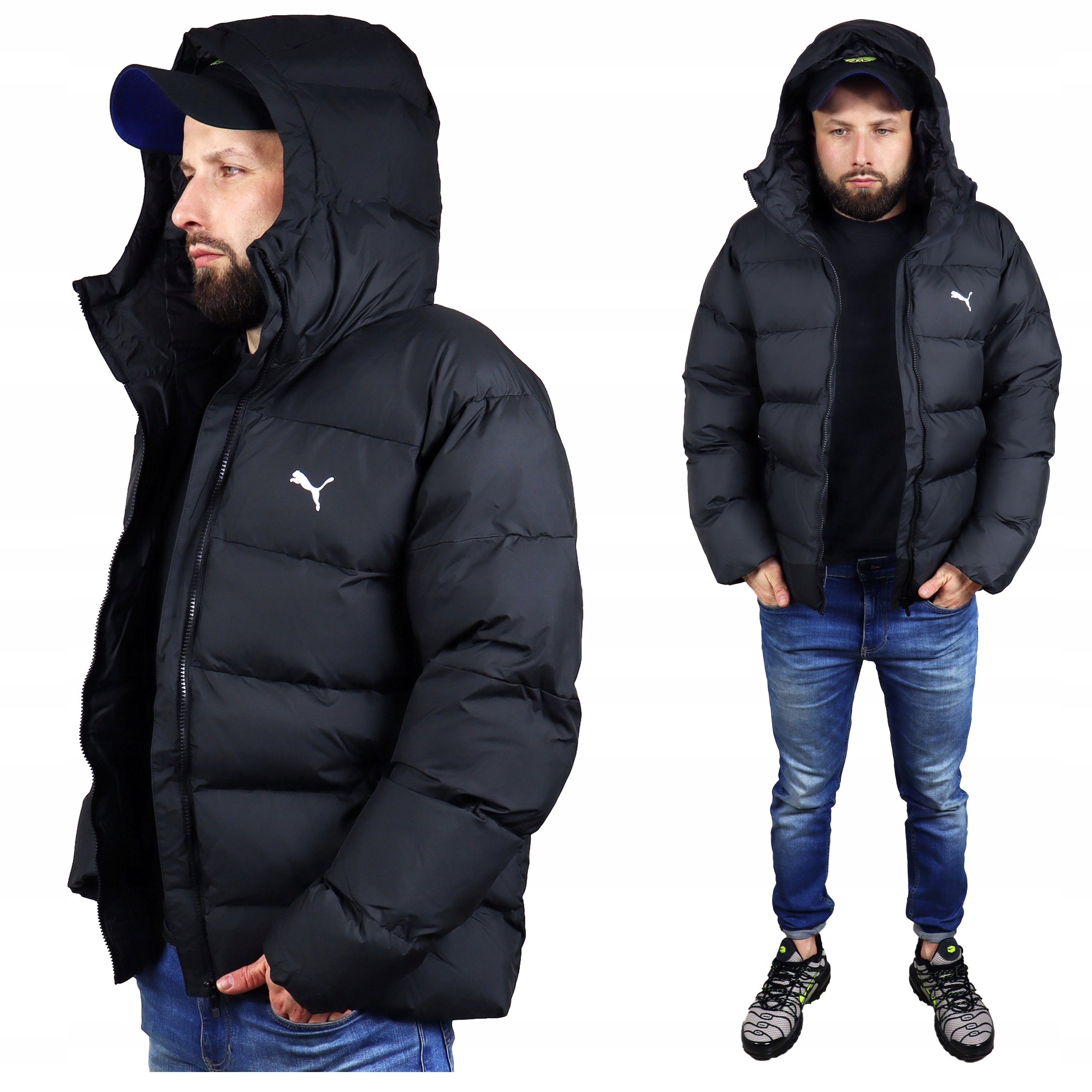 Puma Zimní Silná pánská bunda s kapucí Teplá sportovní Černá péřová
