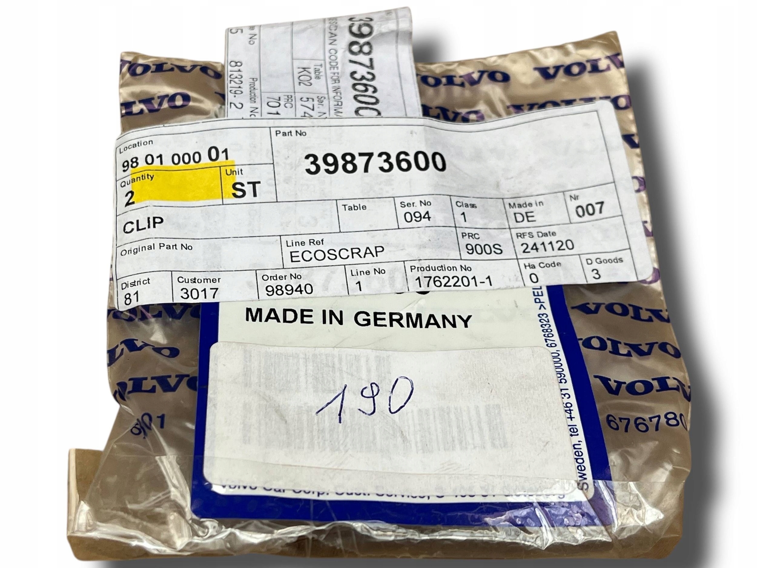 VOLVO spinka klips koleczek dywanika 39873600 OE !J