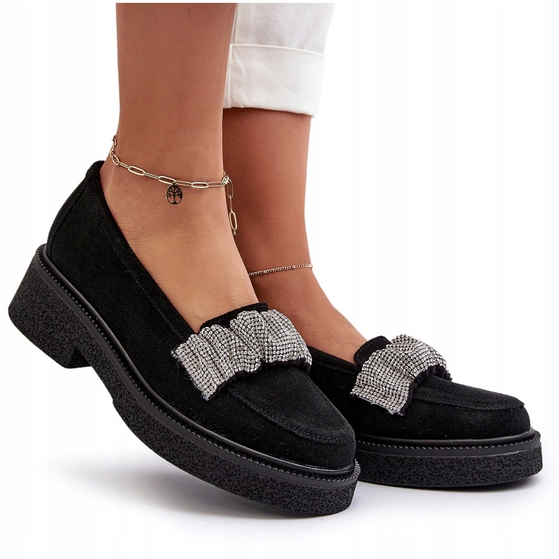 Zazoo 3419 Dámské Semišové Mokasíny S Páskem A Zirkony, Černé, Velikost 39