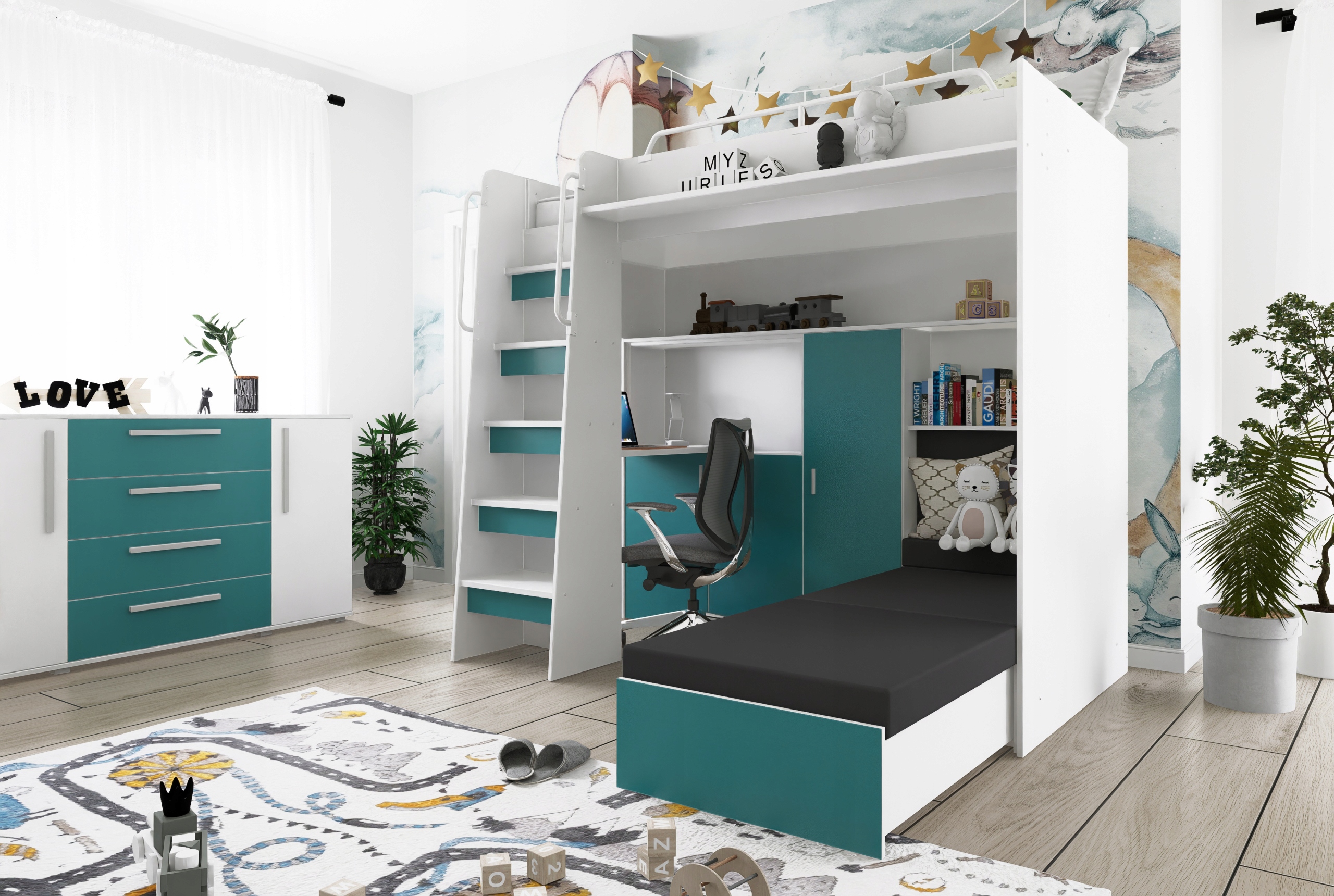 Łóżko piętrowe JSM7 z sofą i biurkiem + materac Gratis! Wysokość mebla 185 cm