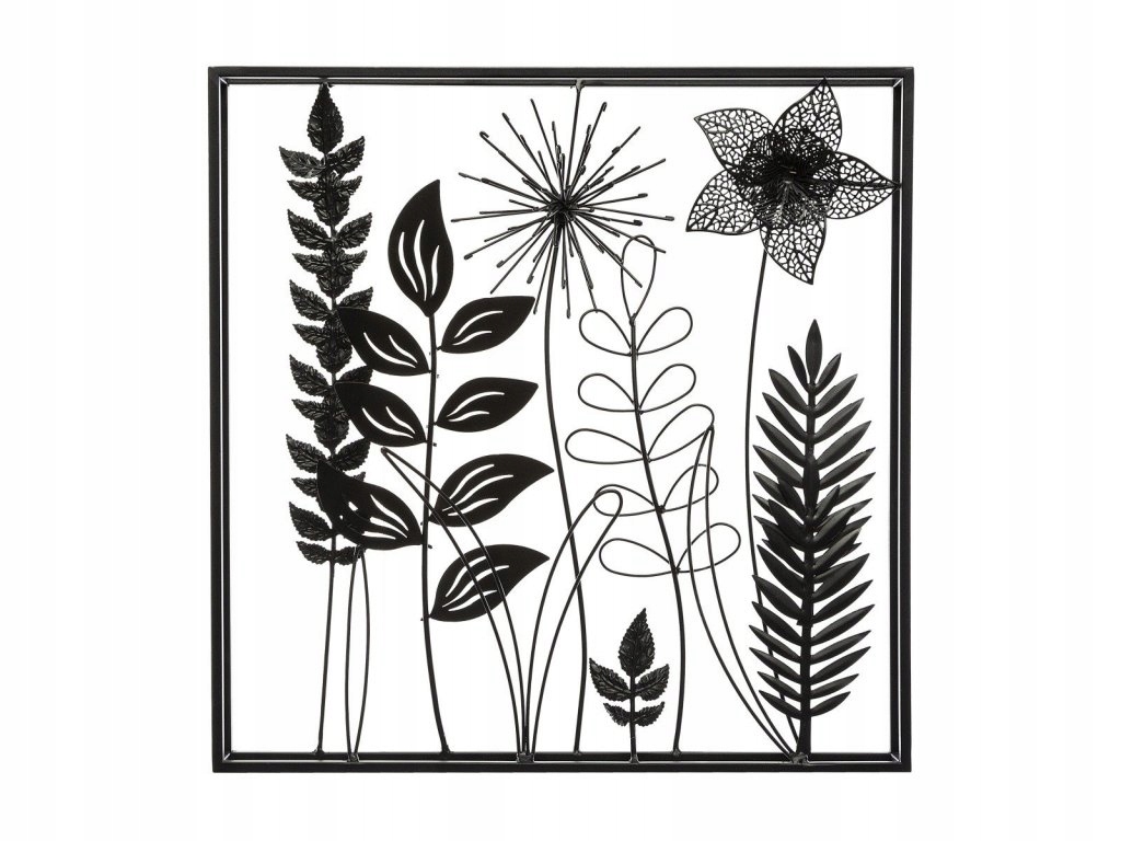 Dekorace na zeď v rámu Listy, kovová, 40 x 40 cm, černá