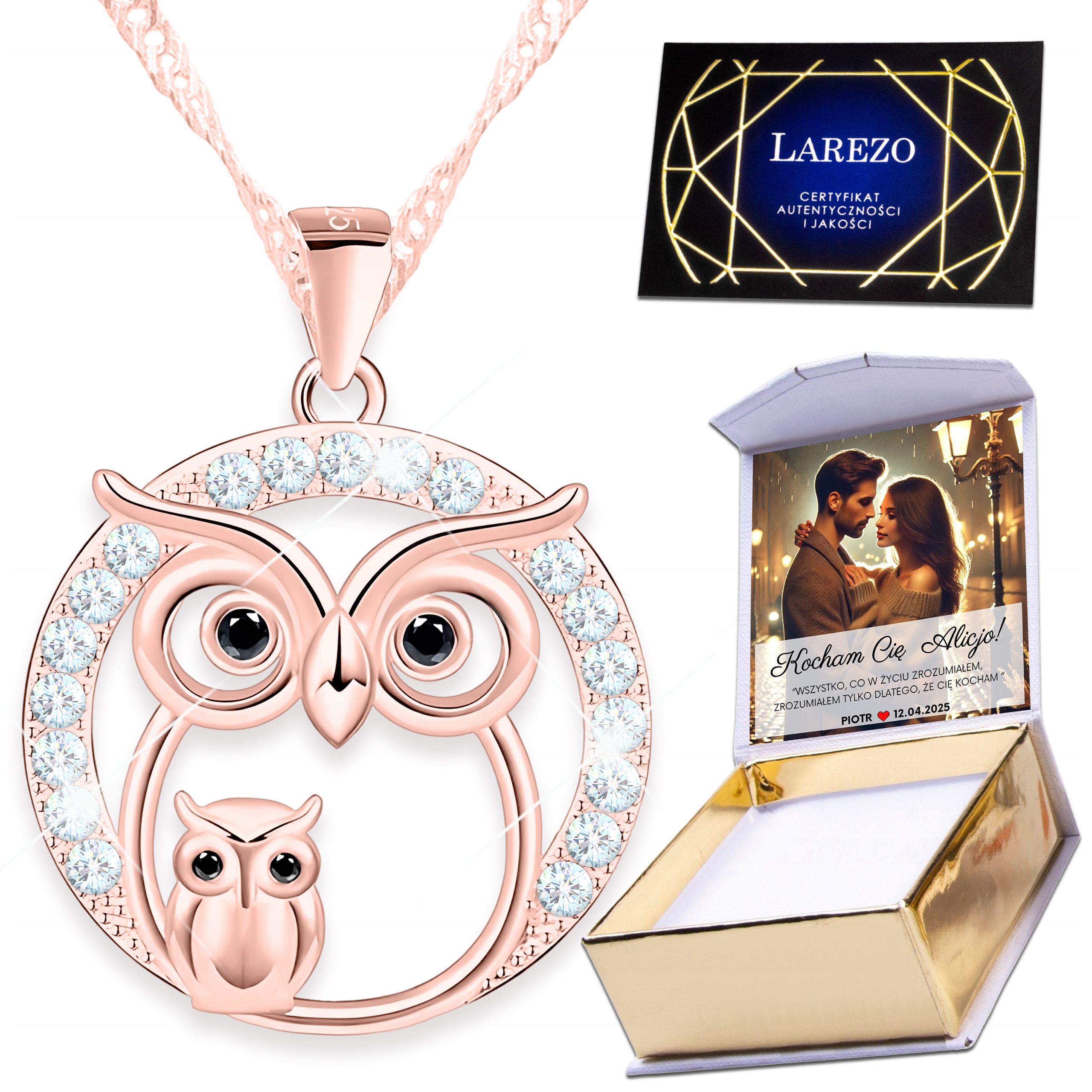 Náhrdelník Pozlacený 925 Rodina sov Pták Sova s dítětem Rodinný Potisk