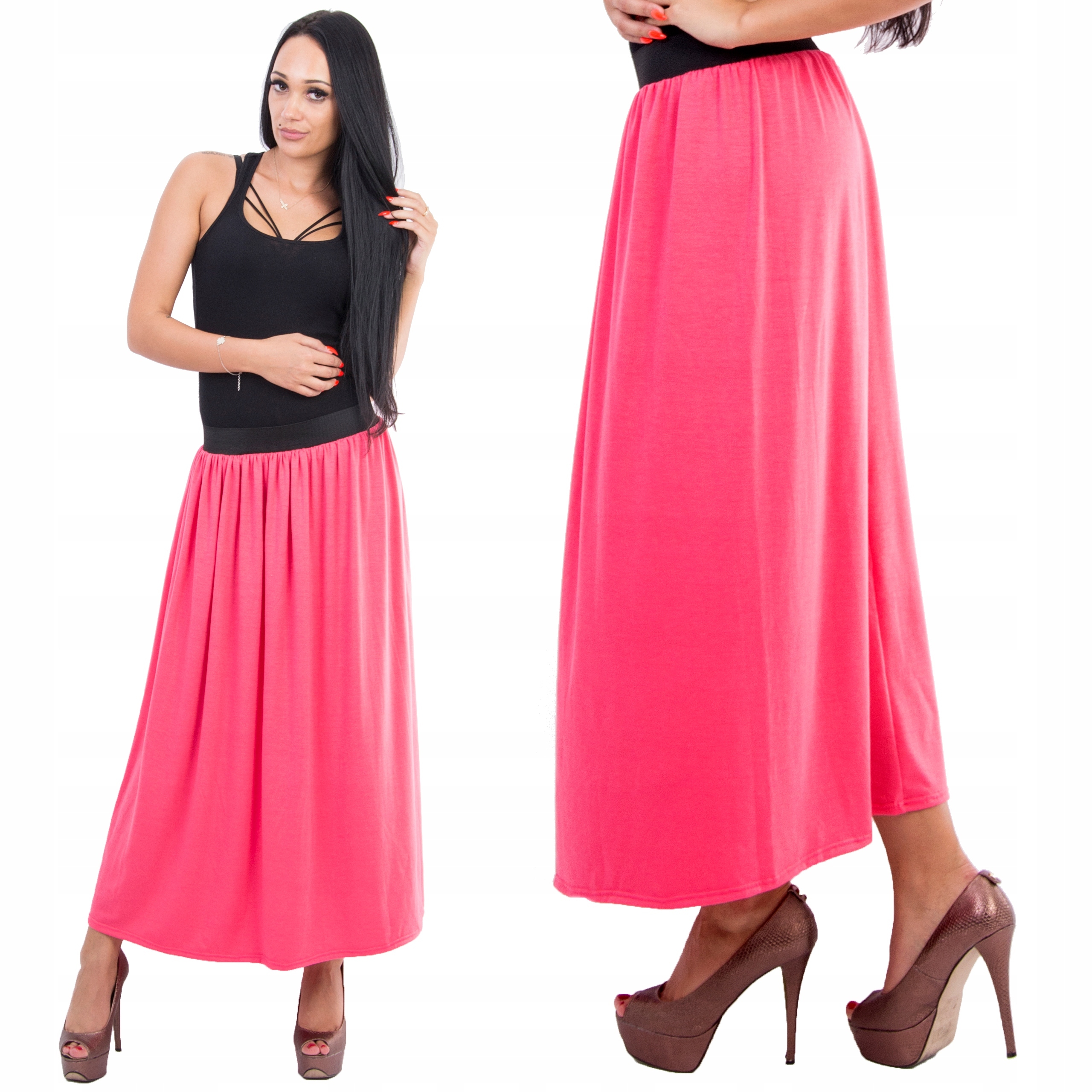 

D07 Długa Spódnica Na Gumie Kolory Koralowa r. 38