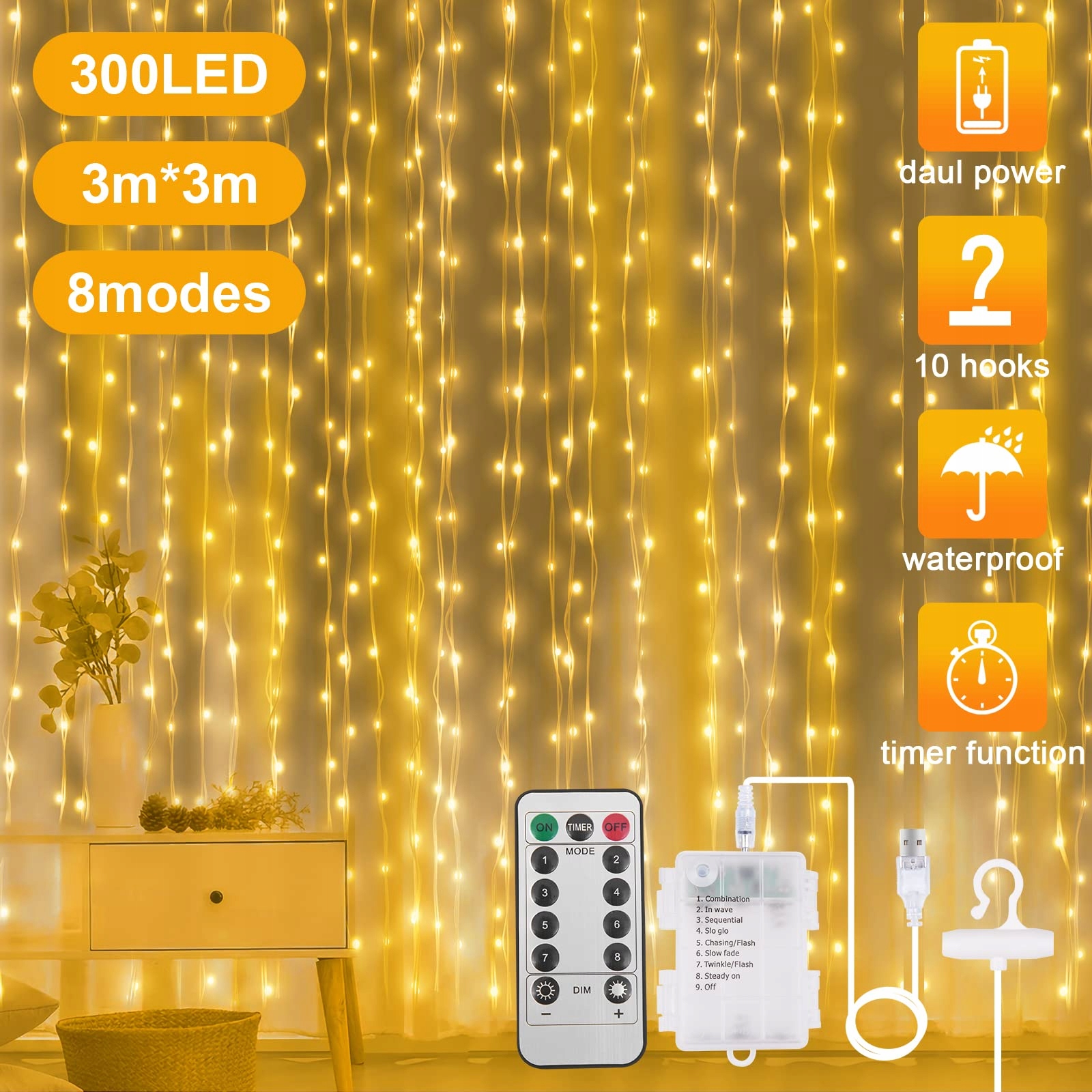 AOMIG Kurtyna Świetlna Łańcuch Lampki Girlanda Świetlna USB LED 3x3M — miniatura 5
