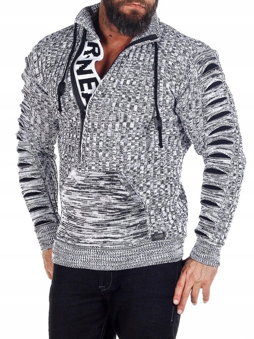 SWETER MĘSKI GRUBY GOLF ROZPINANY STÓJKA SZARY - XL Dekolt golf