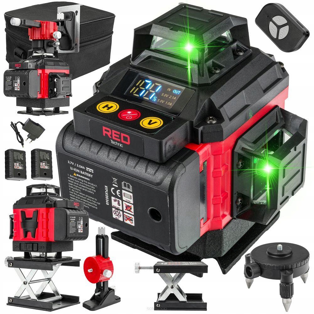 Aku. Poziomica laserowa budowlana LCD 4D 16 liniowa zielona 2x 3500mAh pilot